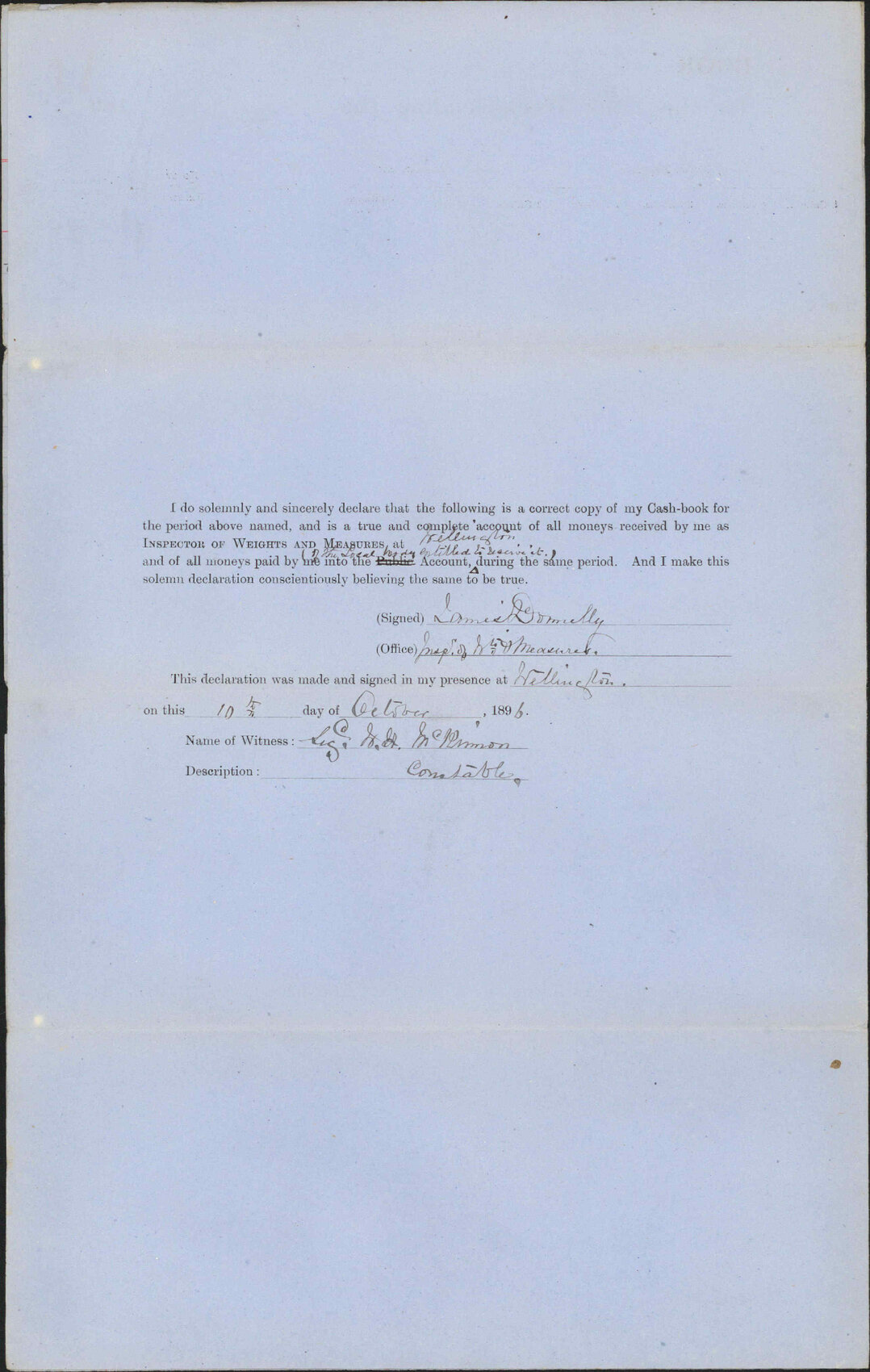Return of amount collected - Inspector of Weights and Measures