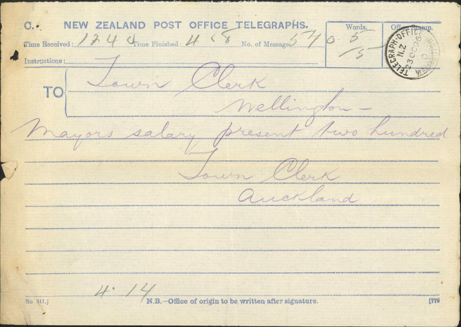 Mayor's salary - Town Clerks, Auckland, Christchurch and Dunedin