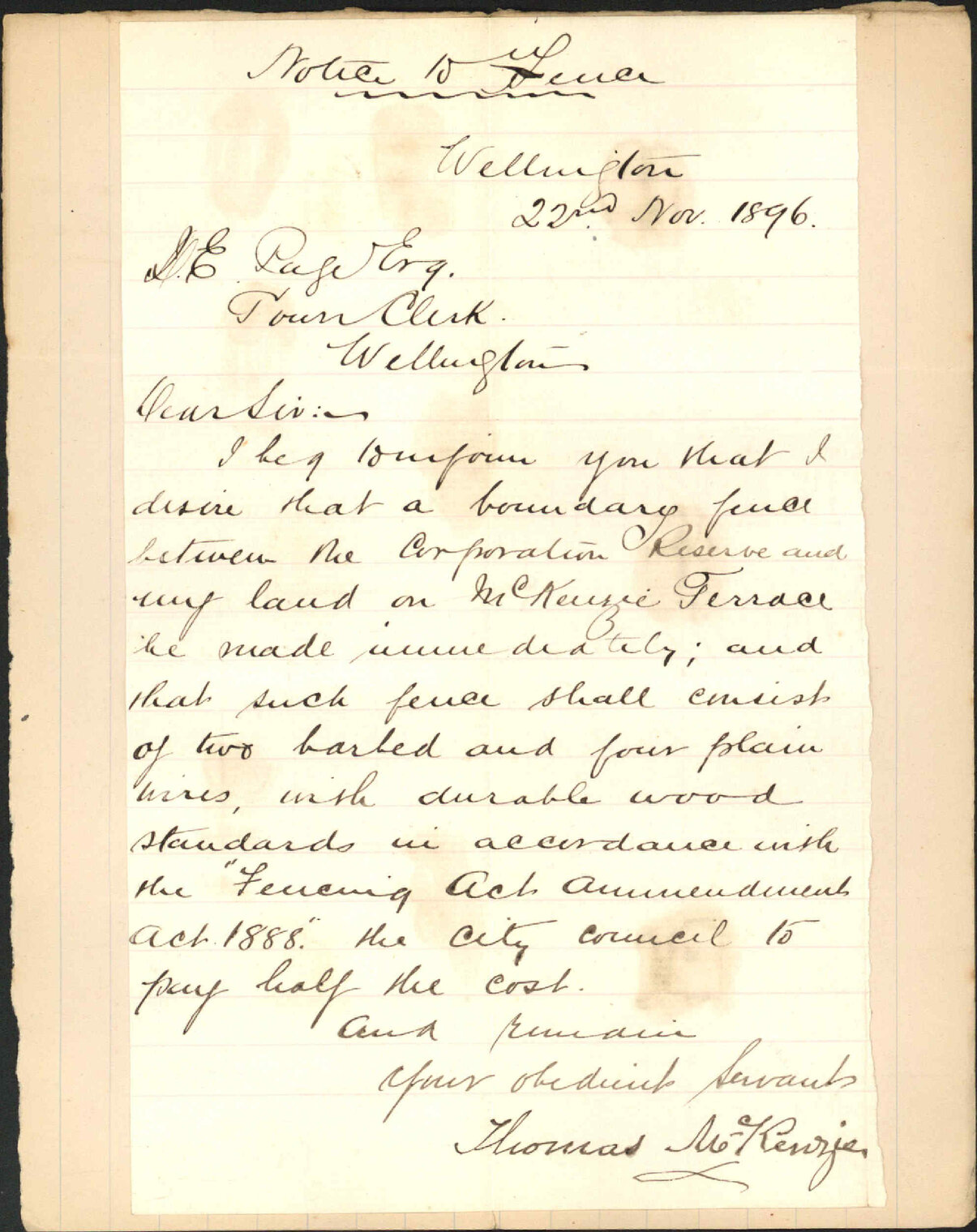 Notice to fence at Mckenzie Terrace - Thoman Mckenzie