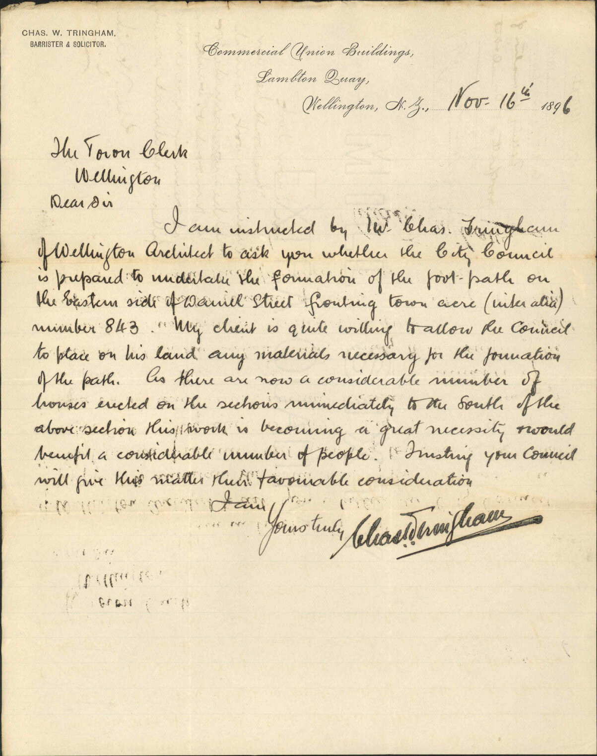 Asking formation of footpath at Daniel Street -C W Tringham