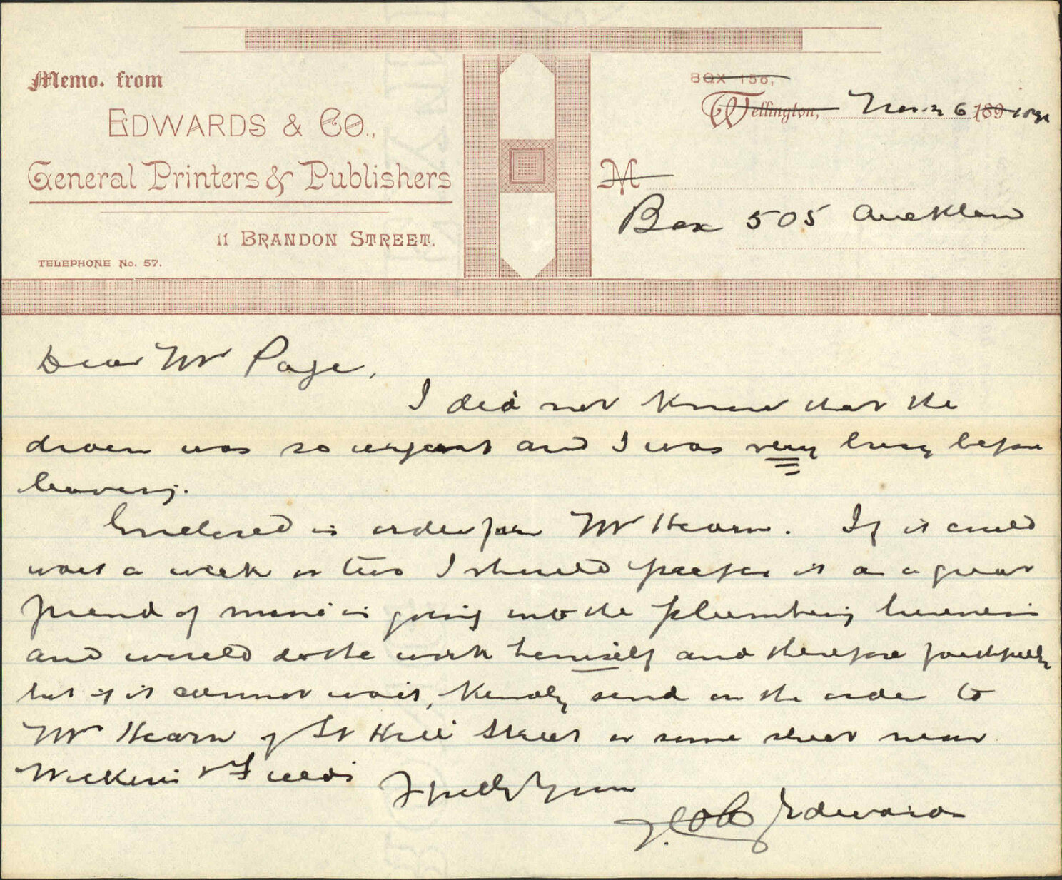 Drain at his property Brougham Street - J C Edwards
