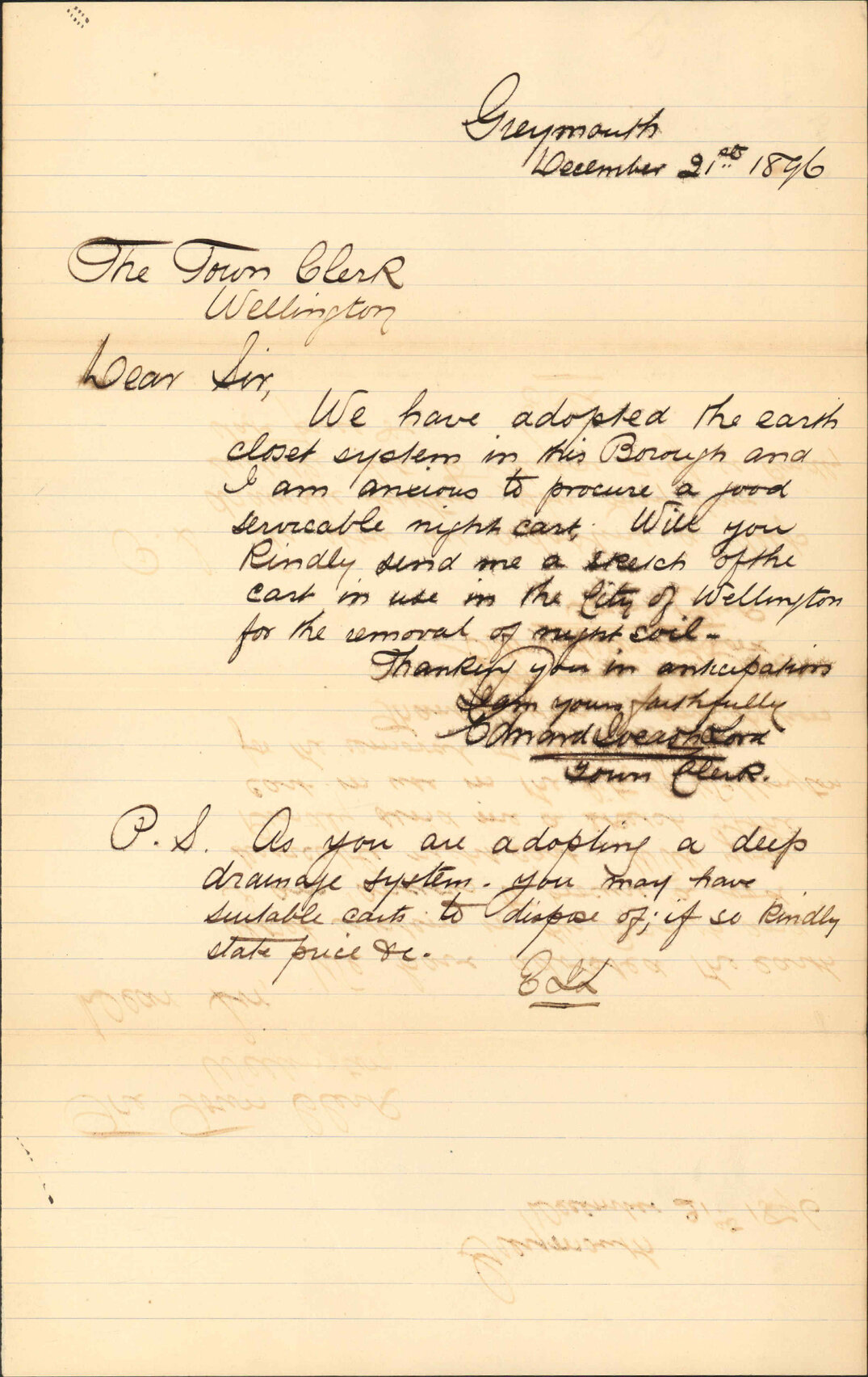 Enquiry regarding night cart - Town Clerk, Greymouth