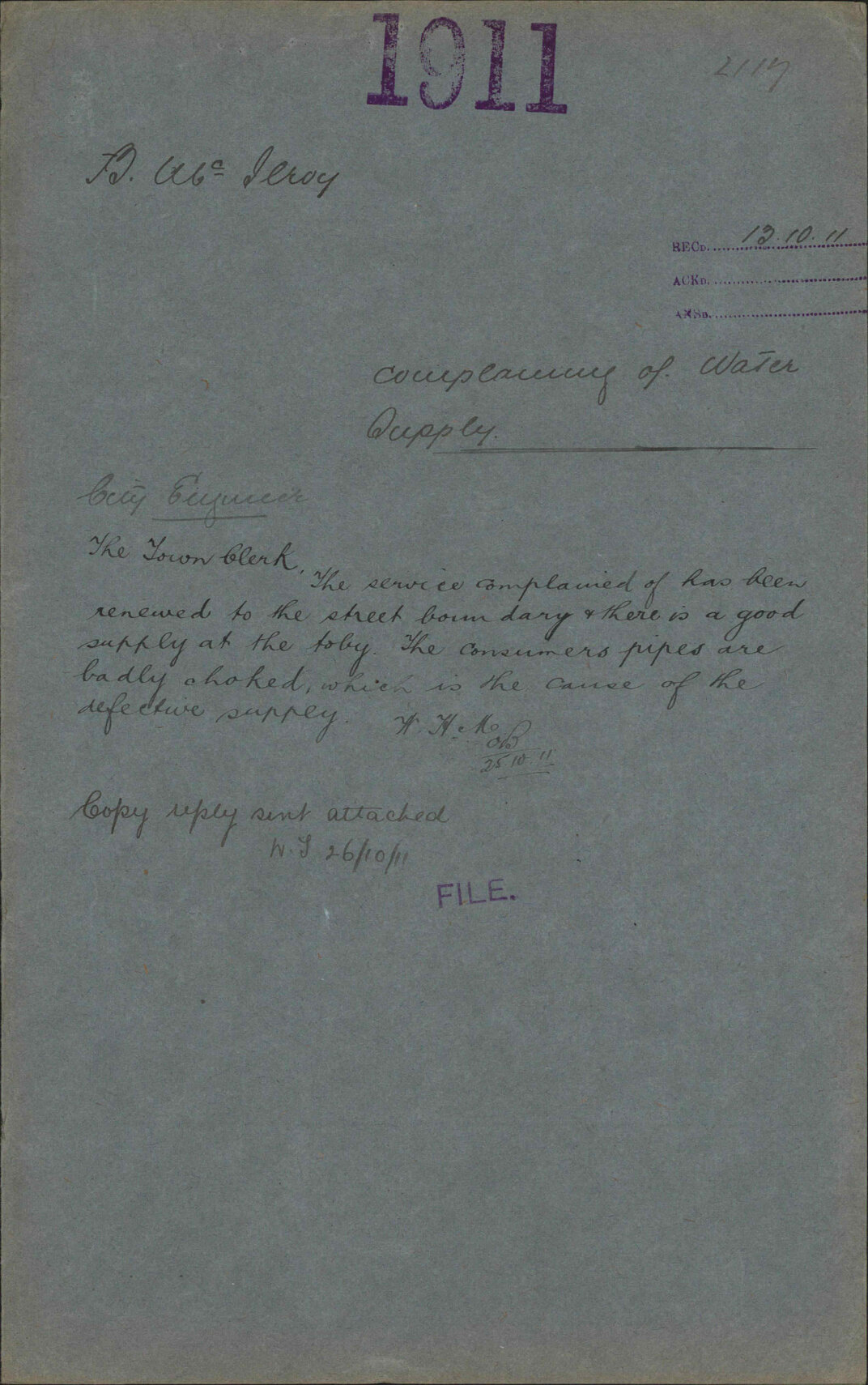 Complaining of water supply - B McIlroy
