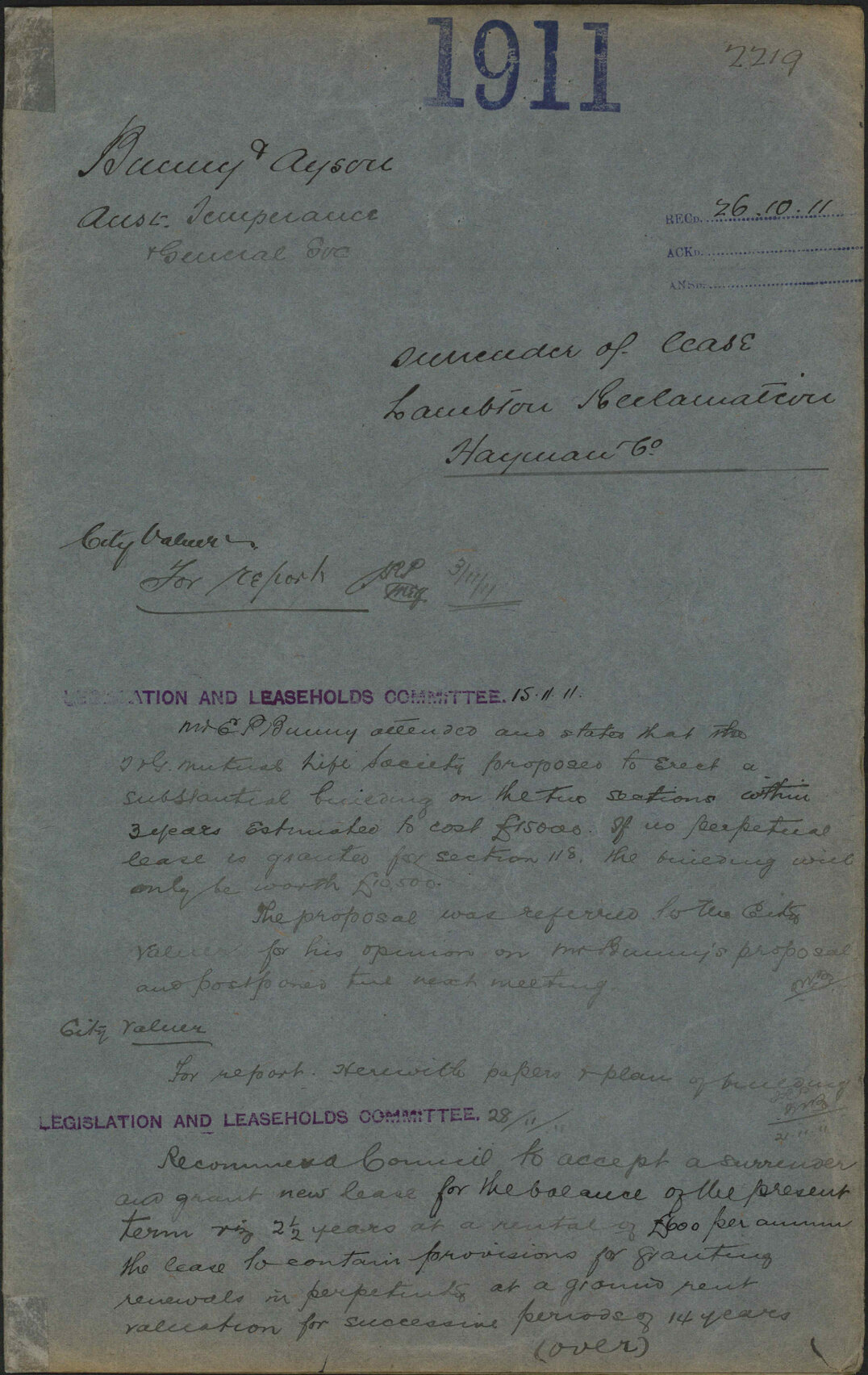 Surrender of lease, Lambton Reclamation, Hayman and Co - Bunny and Ayson; Australian Temperance and General Society