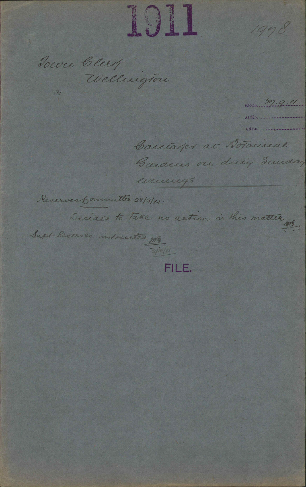 Caretaker at Botanical Gardens on duty Sunday evenings - Town Clerk, Wellington