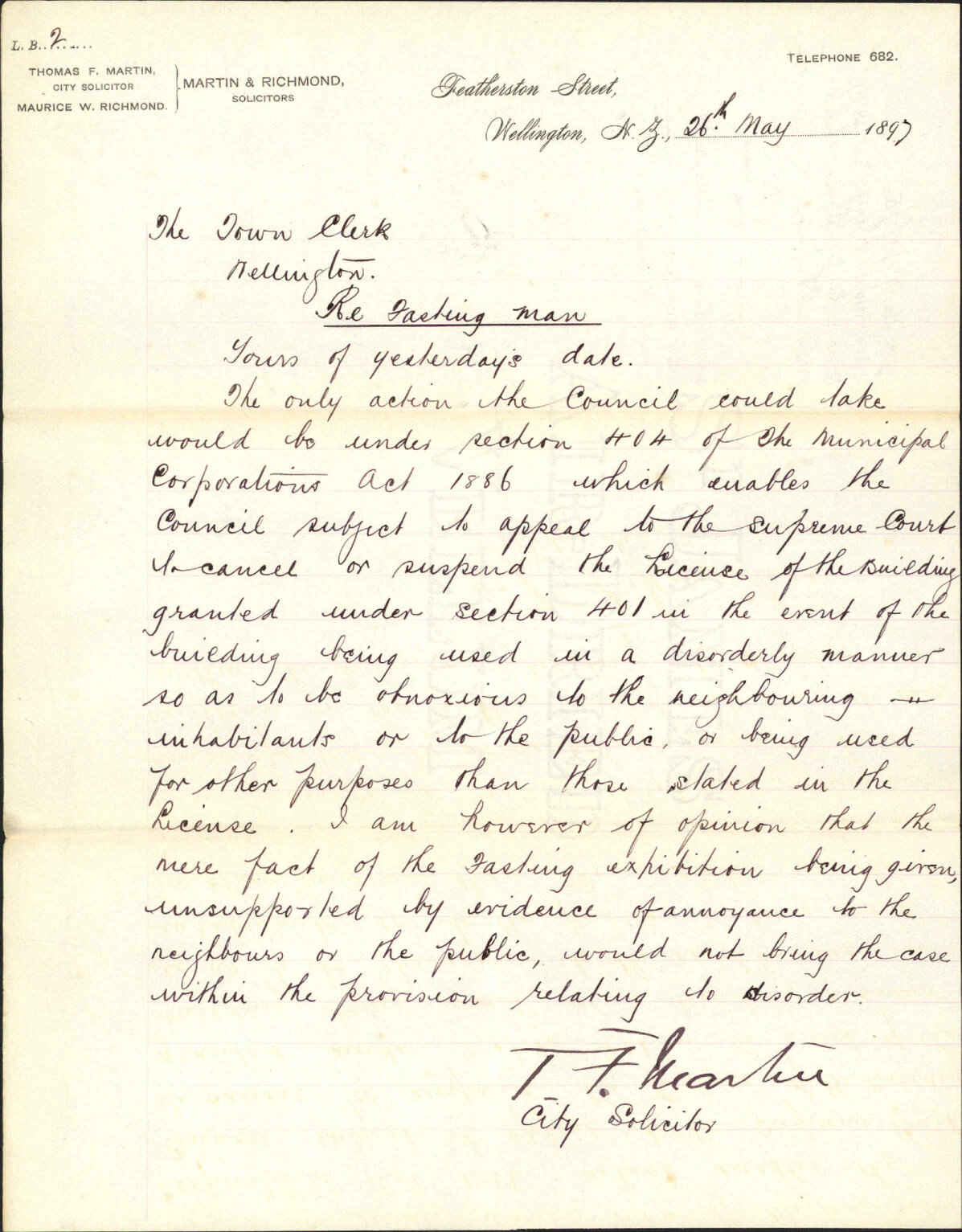 Opinion regarding fasting man - City Solicitor