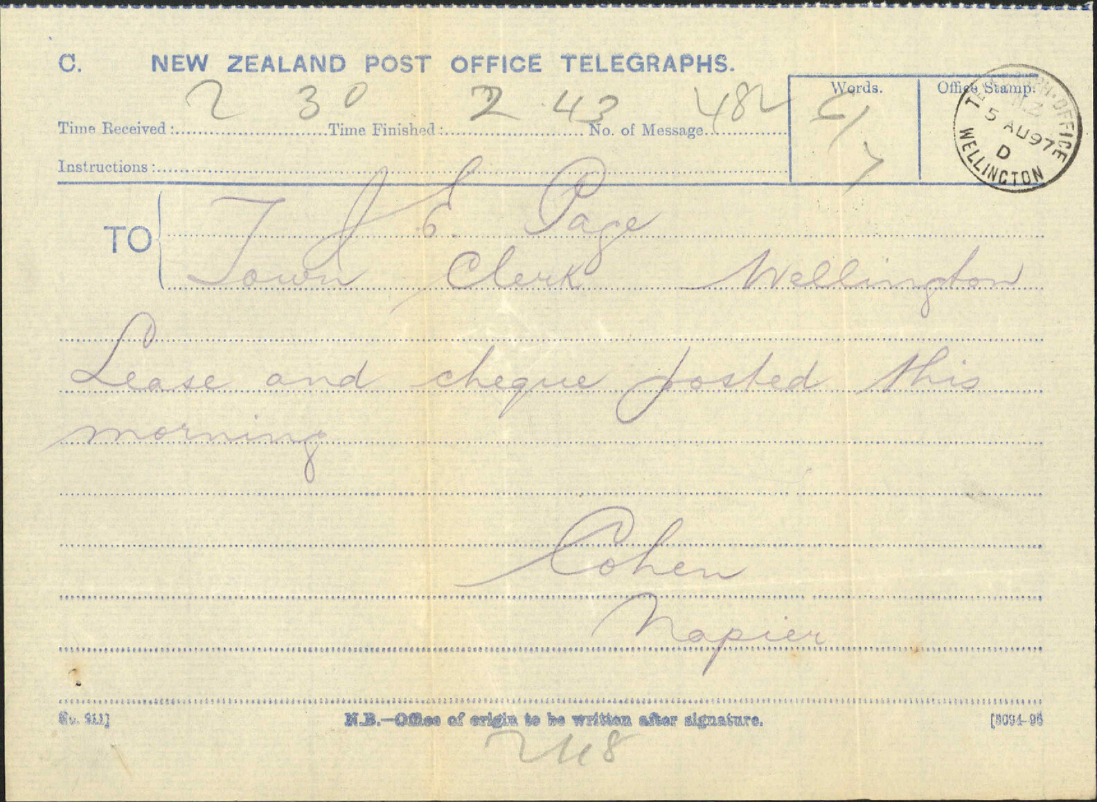 Karori lease - H P Cohen, Napier