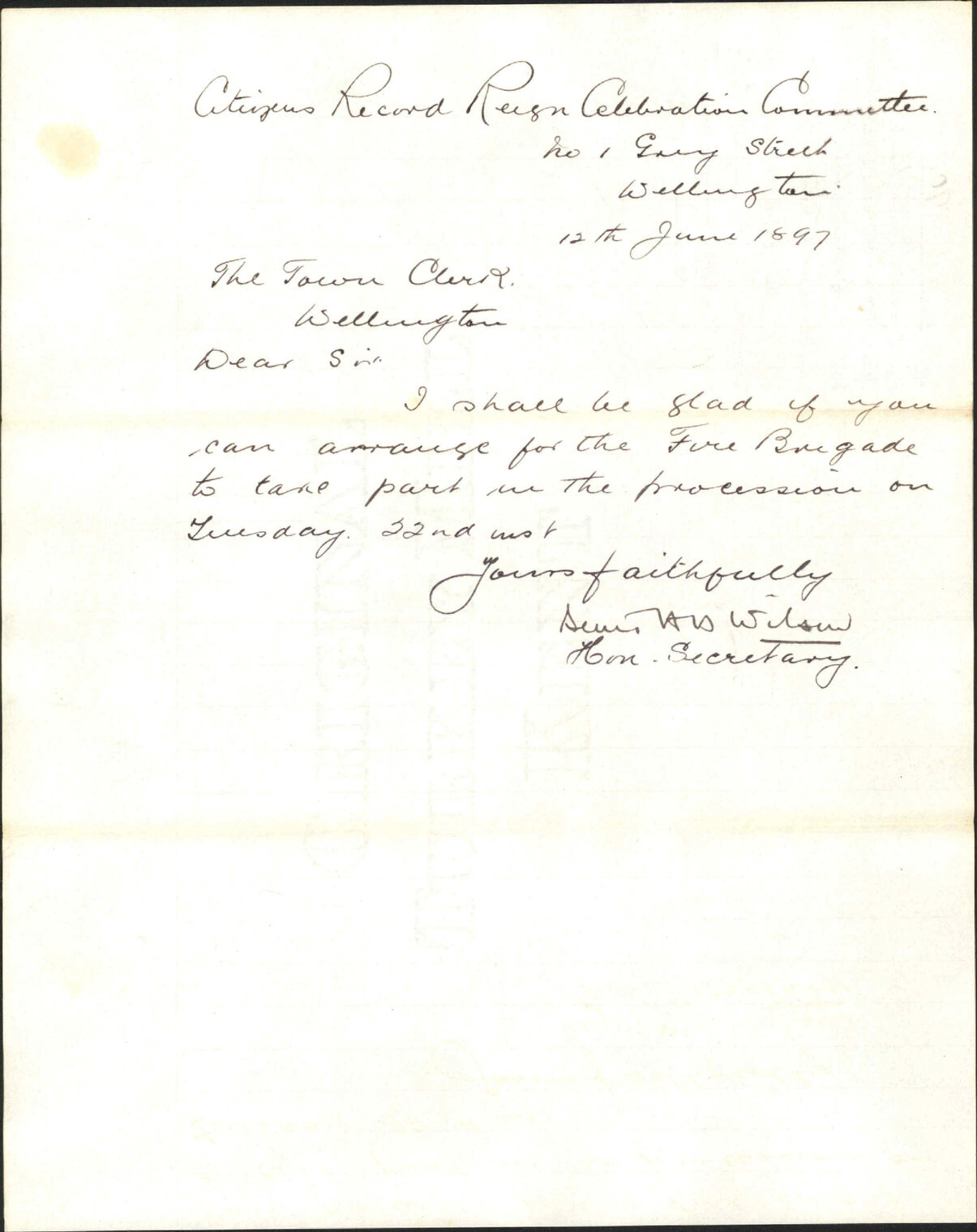 Asking for Fire Brigade to take part in the procession on the 22nd - Citizens' Record Reign Celebration Committee