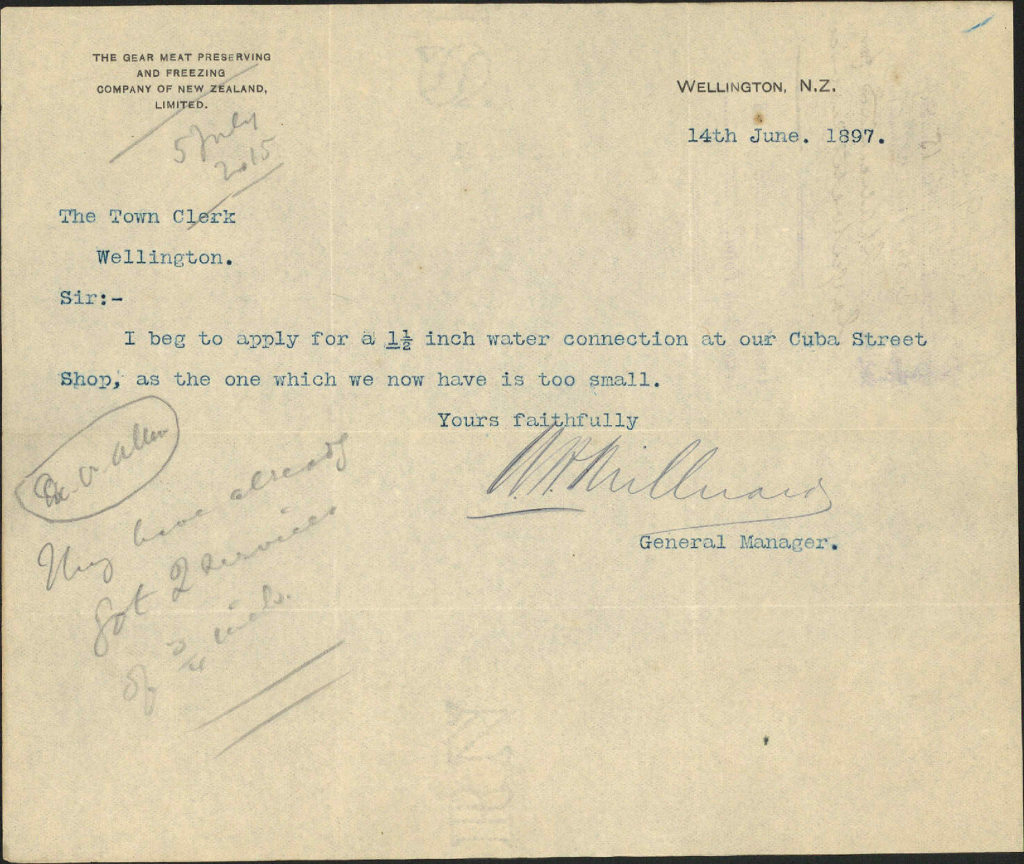 Application for larger water service - Gear Meat Company