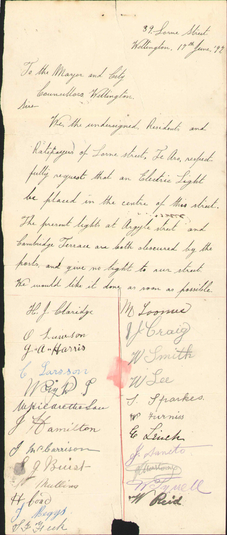 Asking for land in Lorne Street - H J Colridge