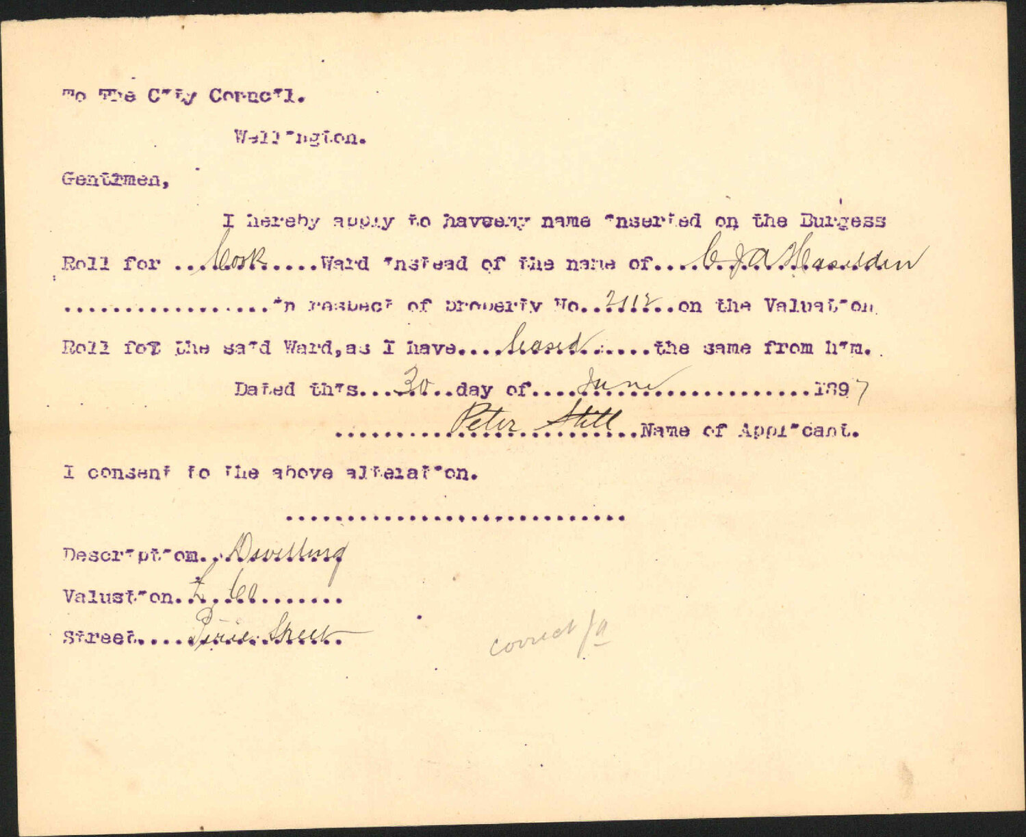 Asking to be placed on the Burgess Roll - Peter Still
