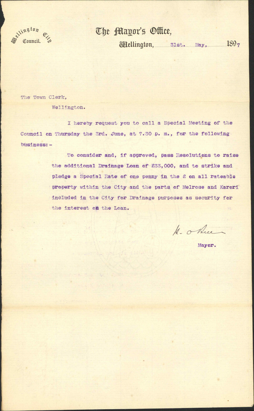 Requisition for special meeting on 3rd June - His Worship the Mayor