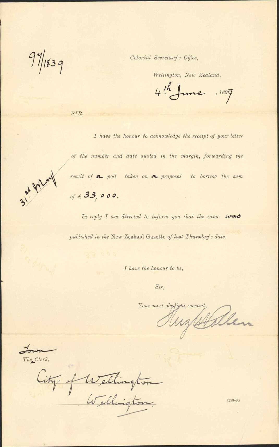 &pound;33,000 loan - Colonial Secretary