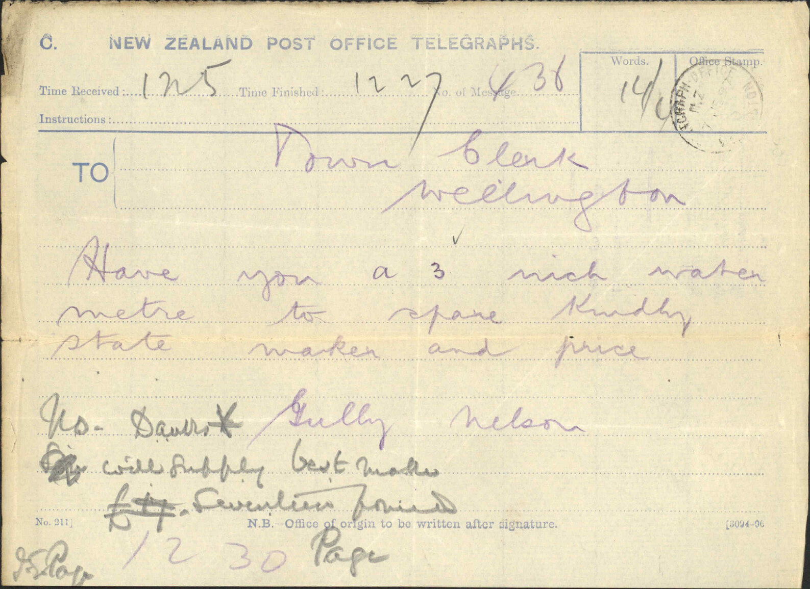 Enquiry regarding water meter - Town Clerk, Nelson