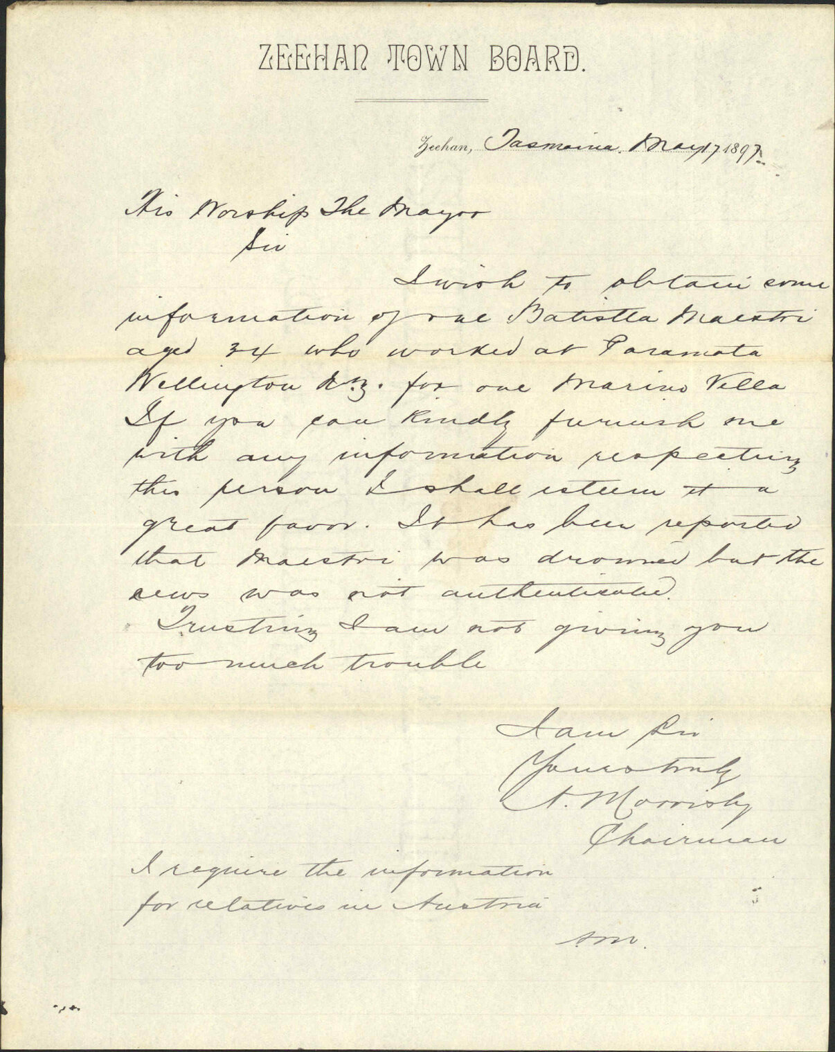 Asking information regarding Batistta Maestri - Zeehan Town Board (Tasmania)