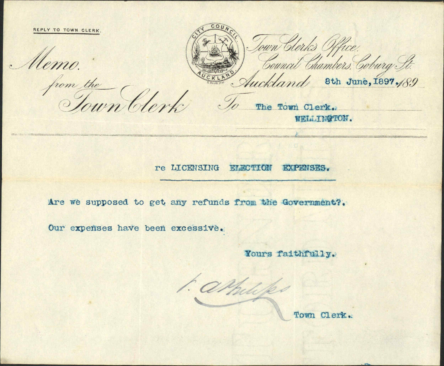 Enquiry regarding expenses of licensing election - Town Clerk, Auckland