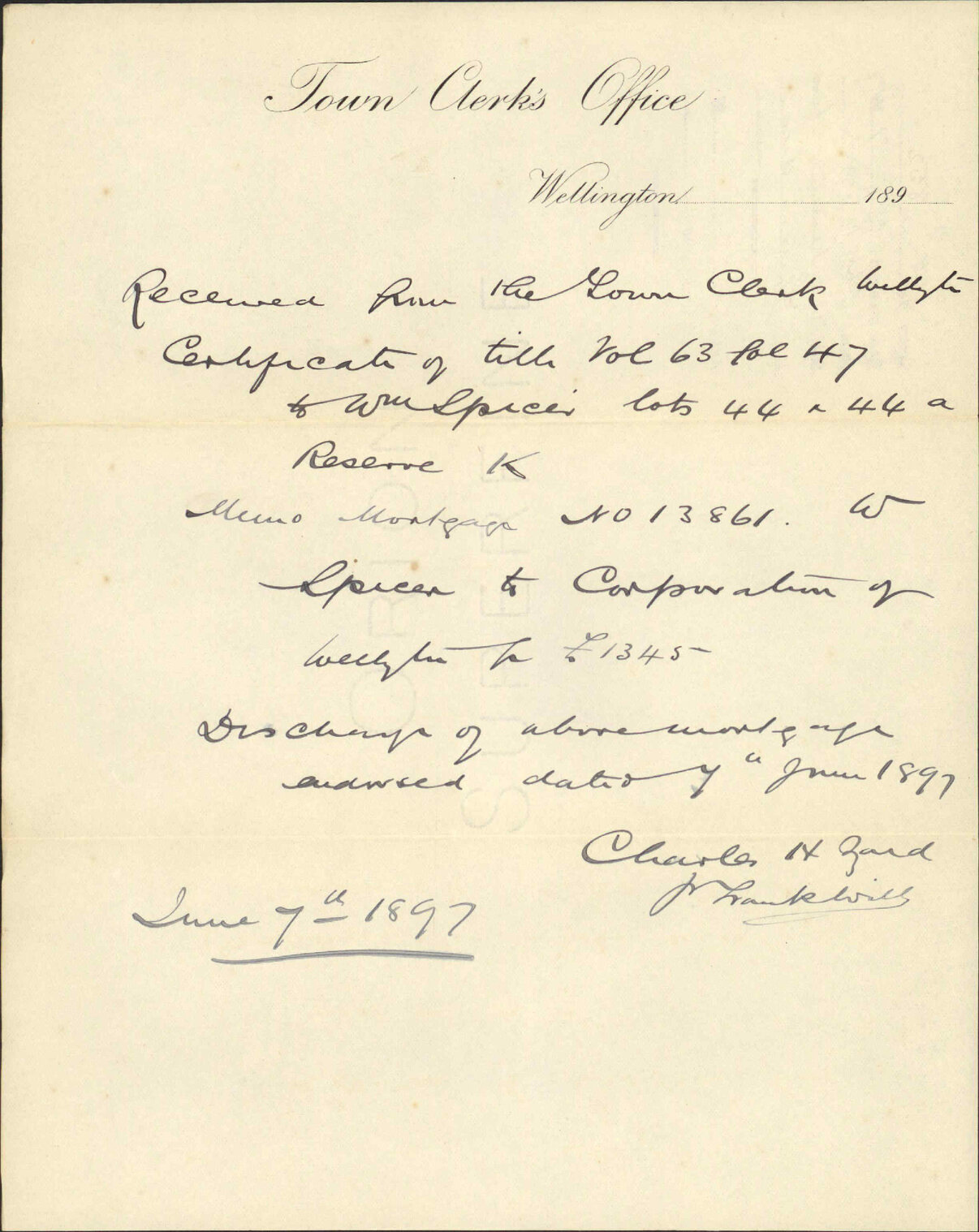 Receipt for Spicer's deeds - Charles H Izard