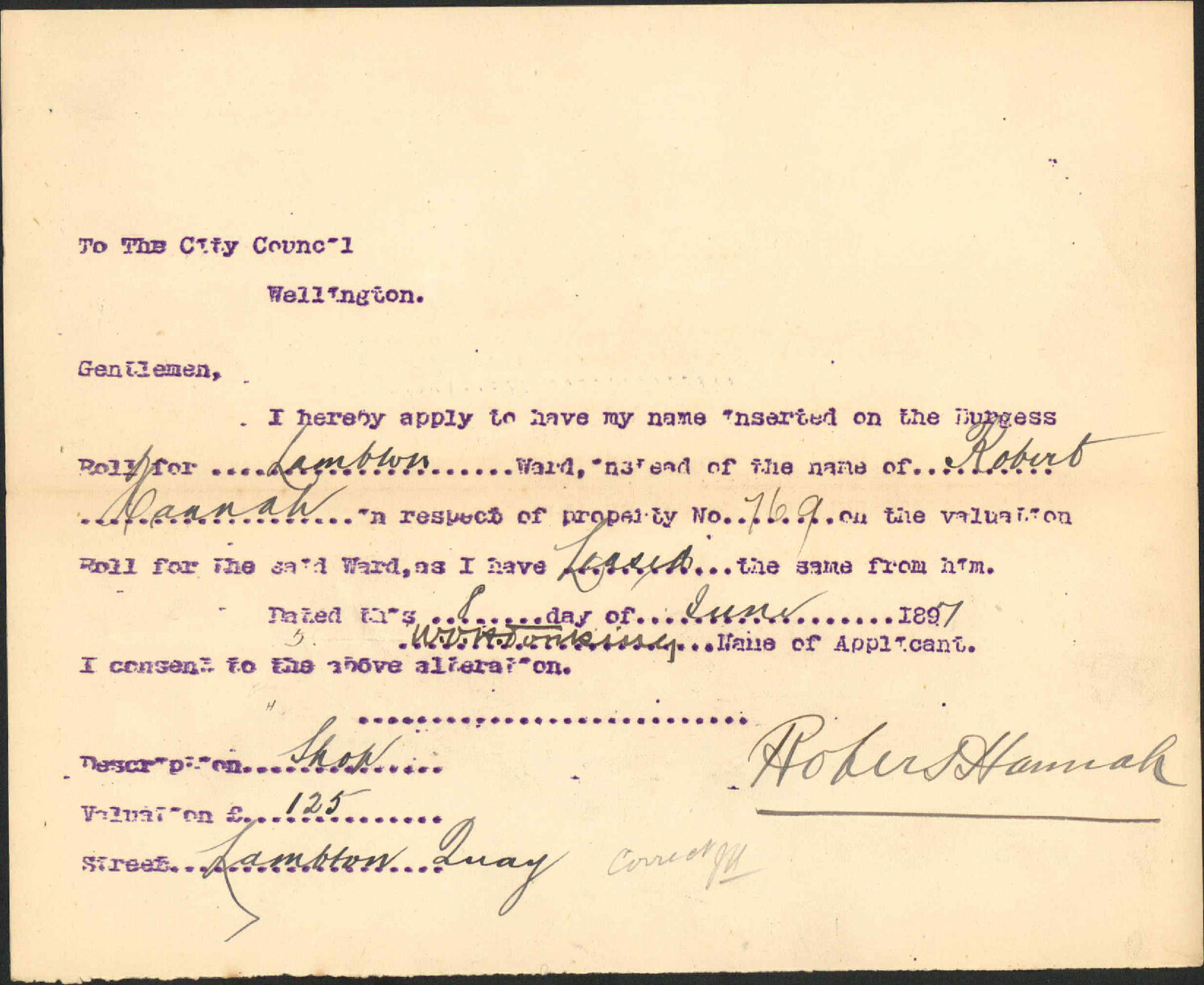 Asking to be placed on Burgess Roll - W O H Tonkins