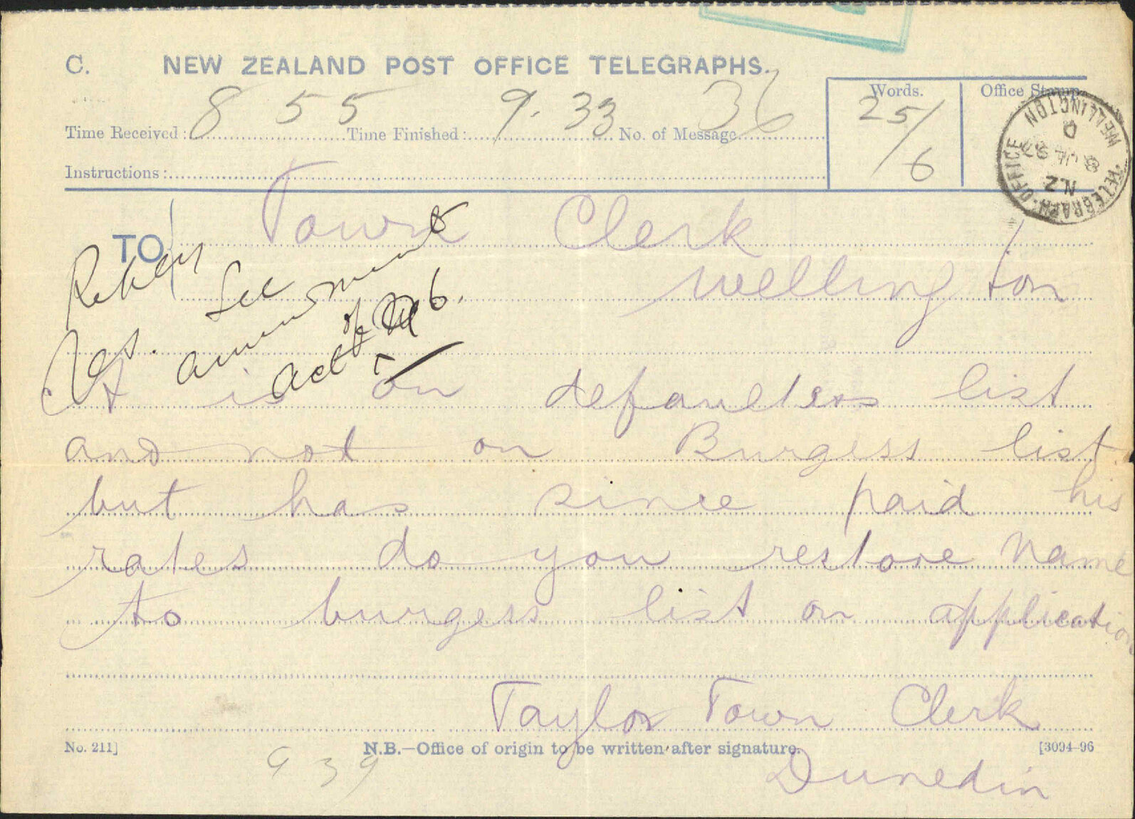 Enquiry regarding Defaulters' list - Town Clerk , Dunedin