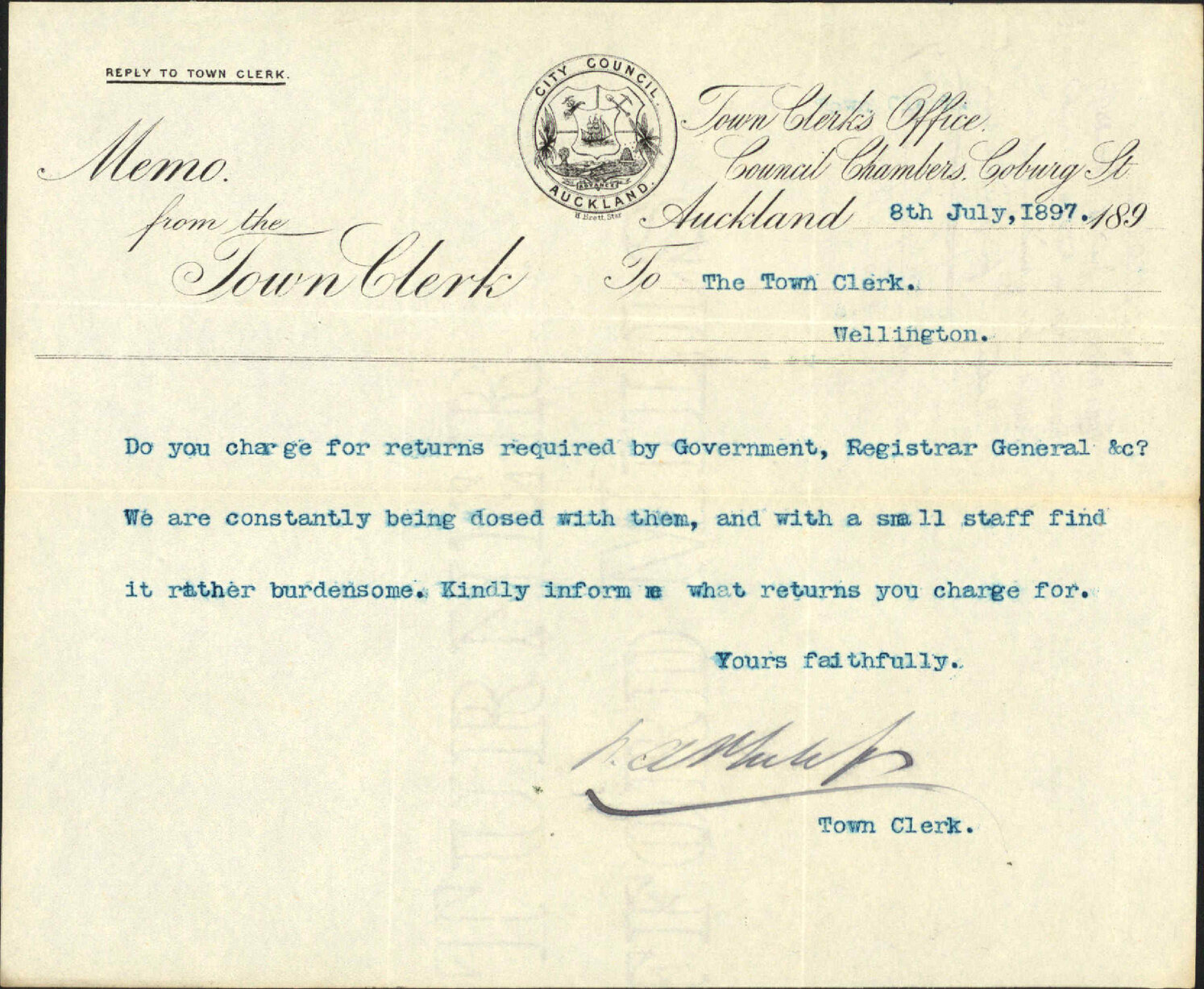 Enquiry regarding returns from Government - Town Clerk, Auckland