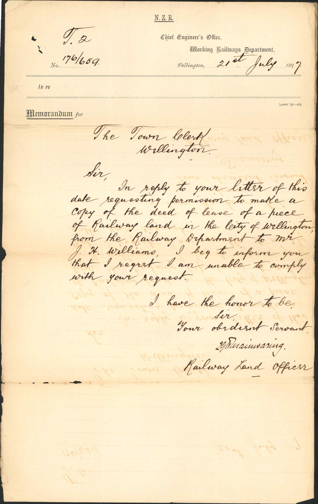Lease of land from J H Williams - Railway Department