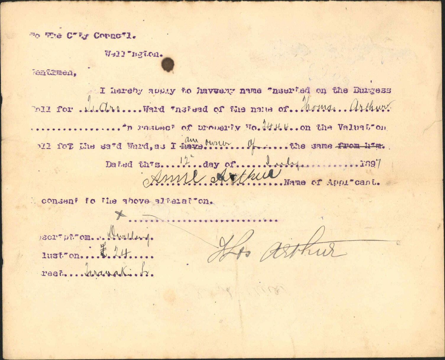 Asking alteration of Burgess Roll - Anne Arthur