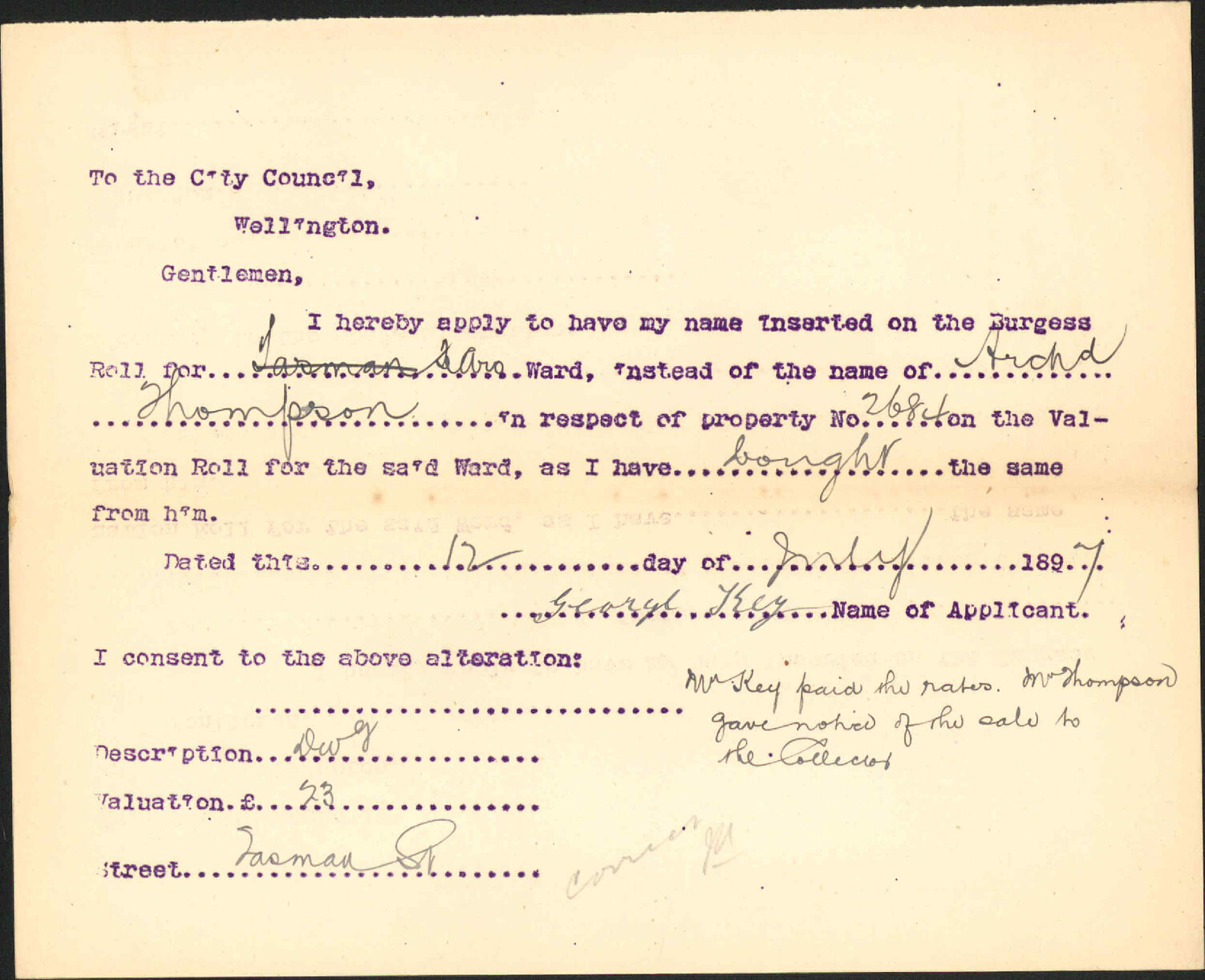 Asking alteration to the Burgess Roll - George Key