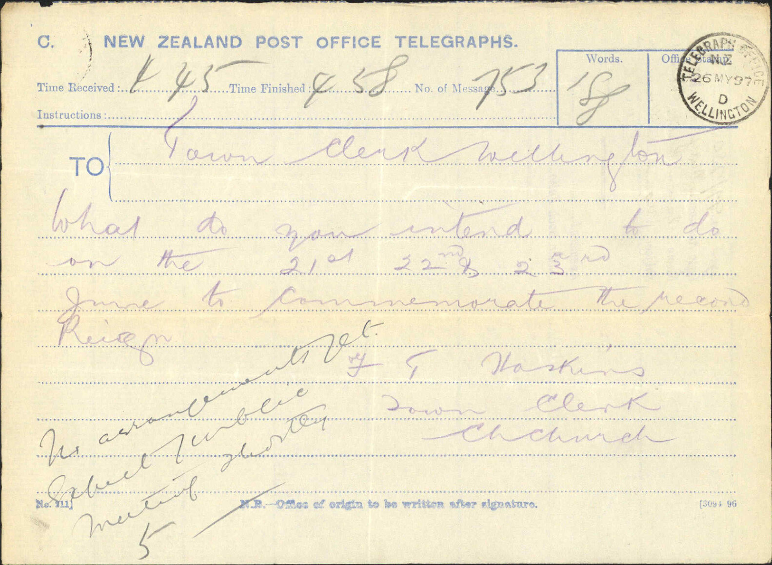 Enquiry regarding record reign celebration - Town Clerk, Christchurch