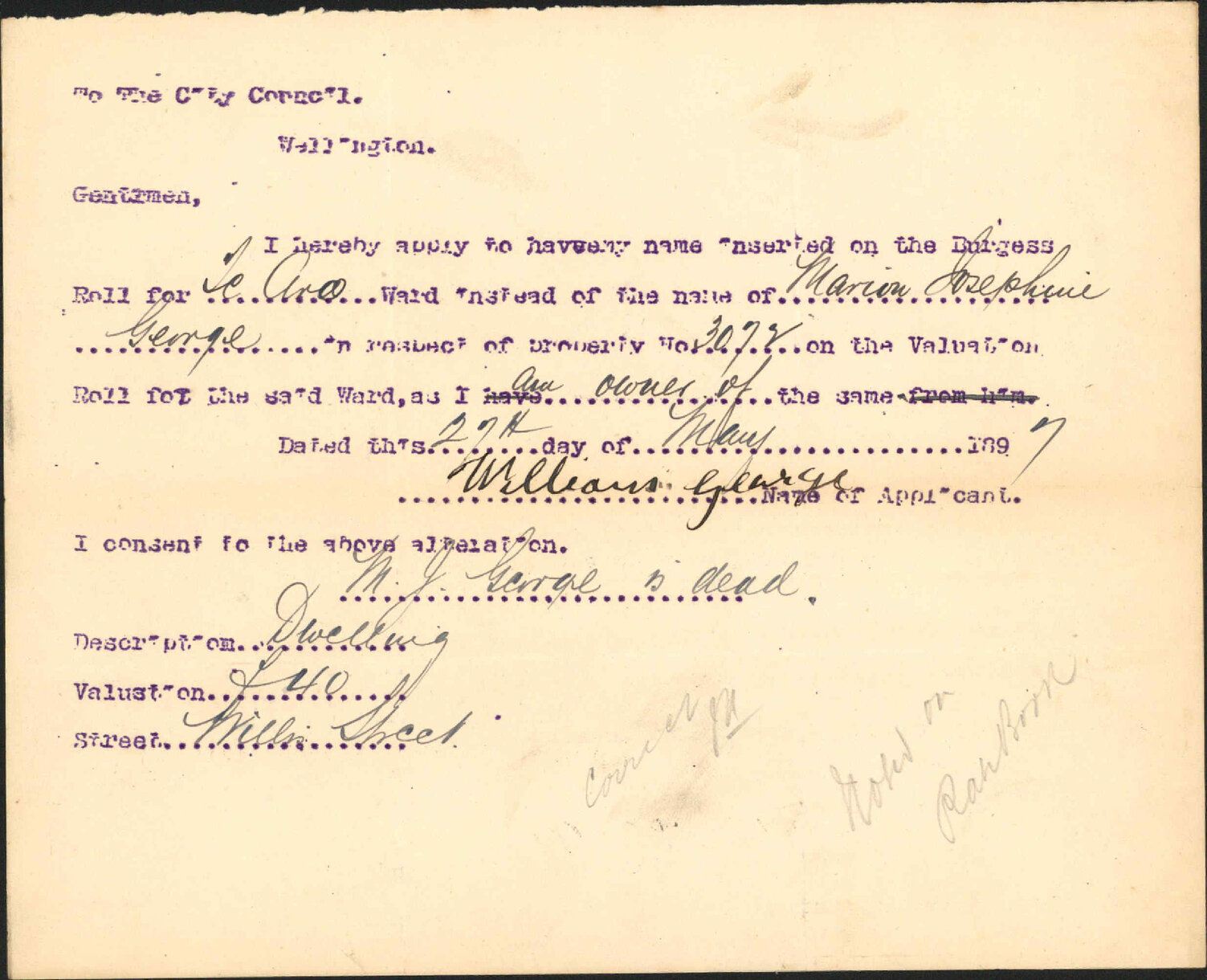 Asking to be placed on Burgess Roll - William George