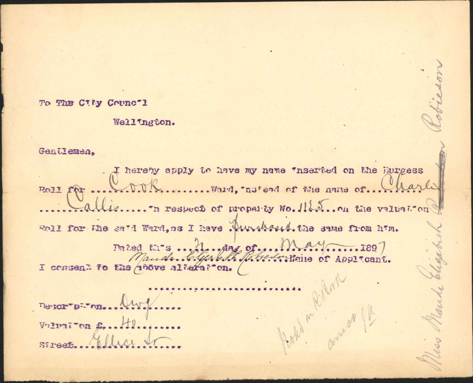 Asking to be placed on Burgess Roll - Robieson, M E