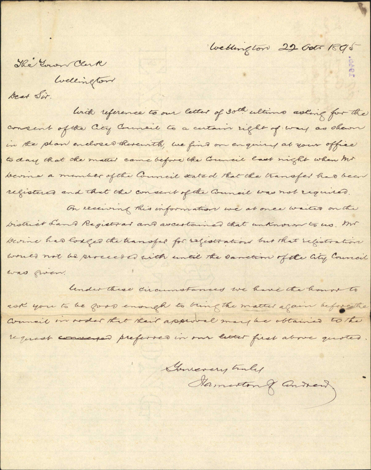 Enquiry regarding right-of-way at Hanson Street - J C Williamson