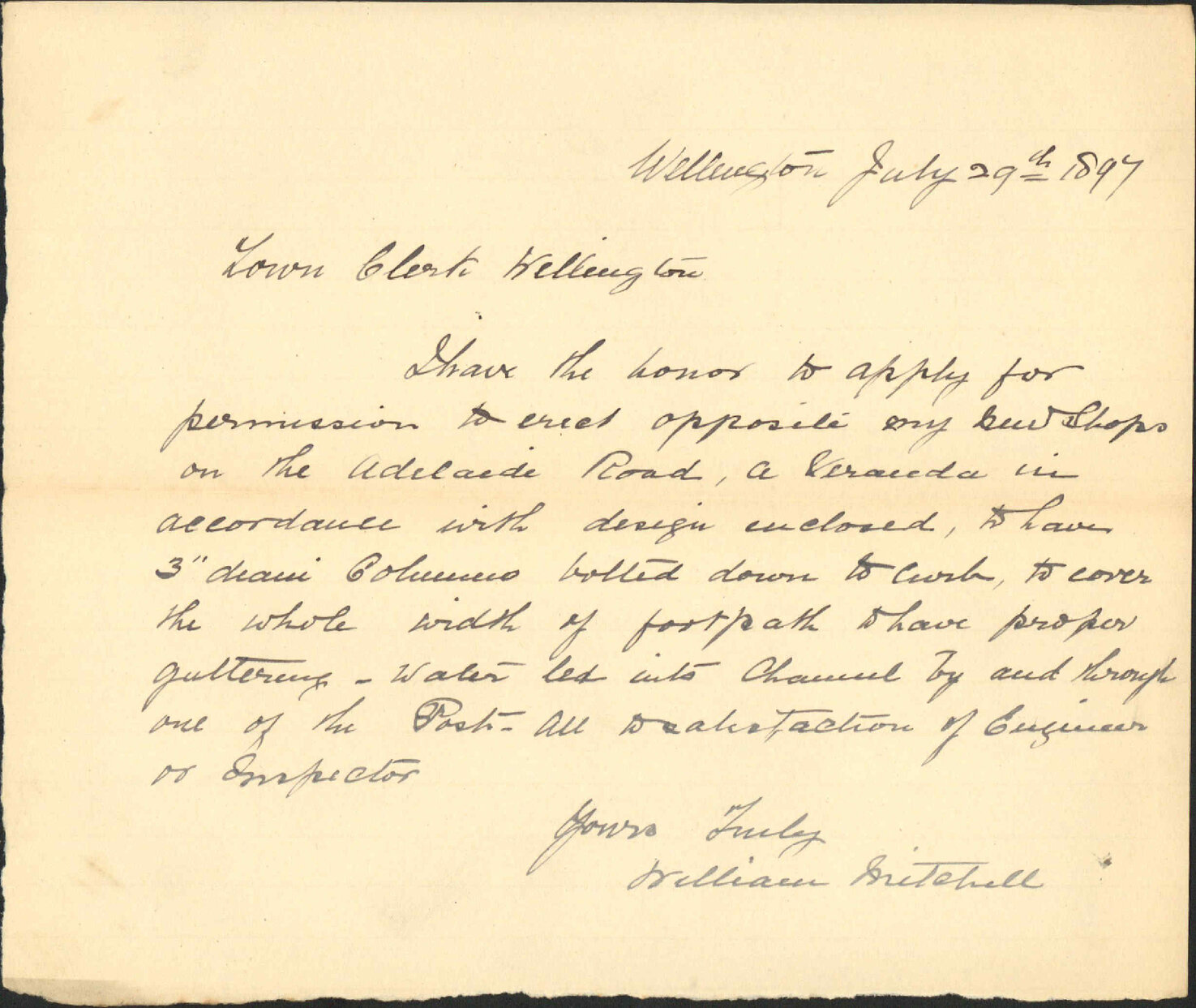 Asking consent to erection of verandah - William Mitchell