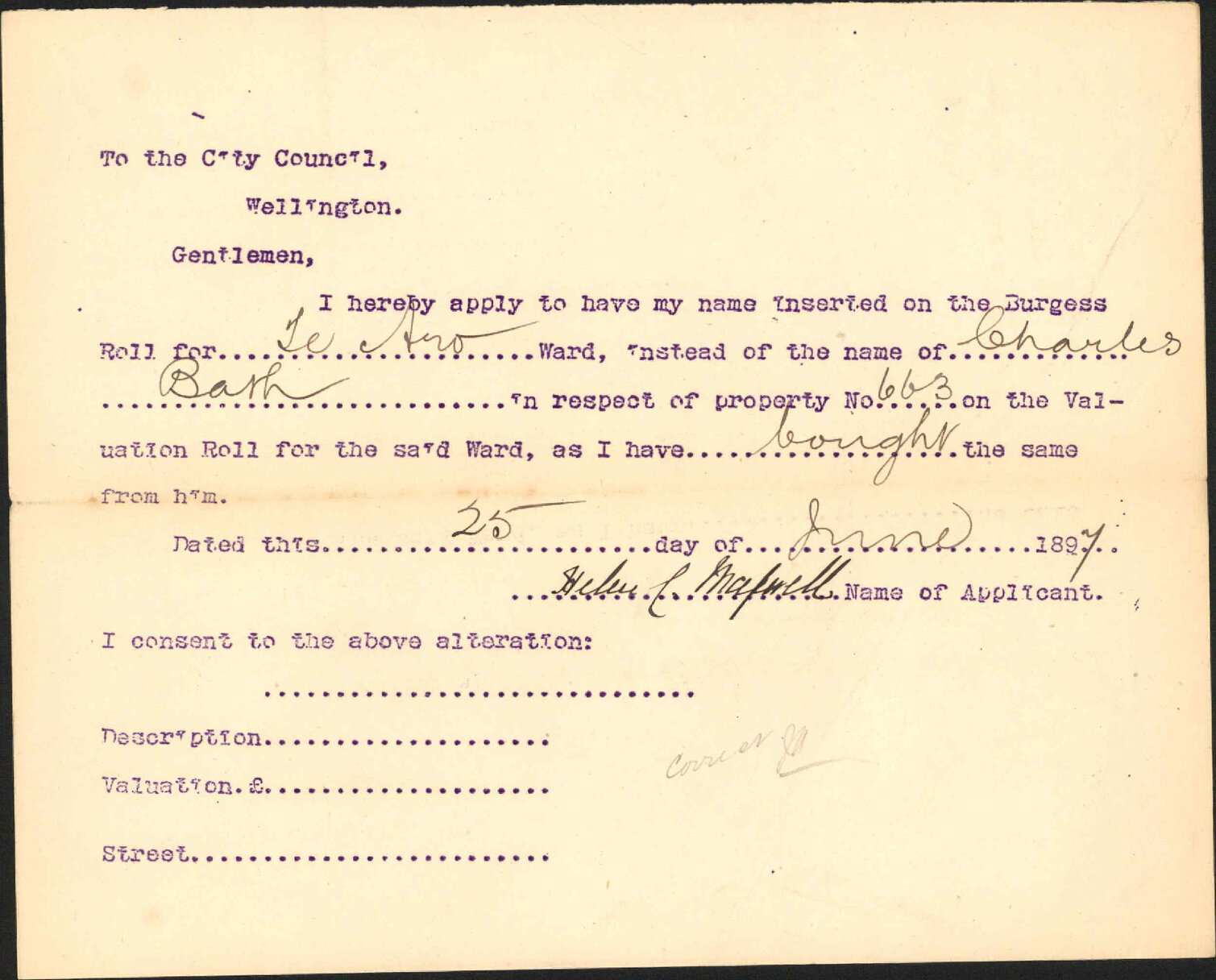 Asking to be placed on the Burgess Roll - Mrs J P Maxwell