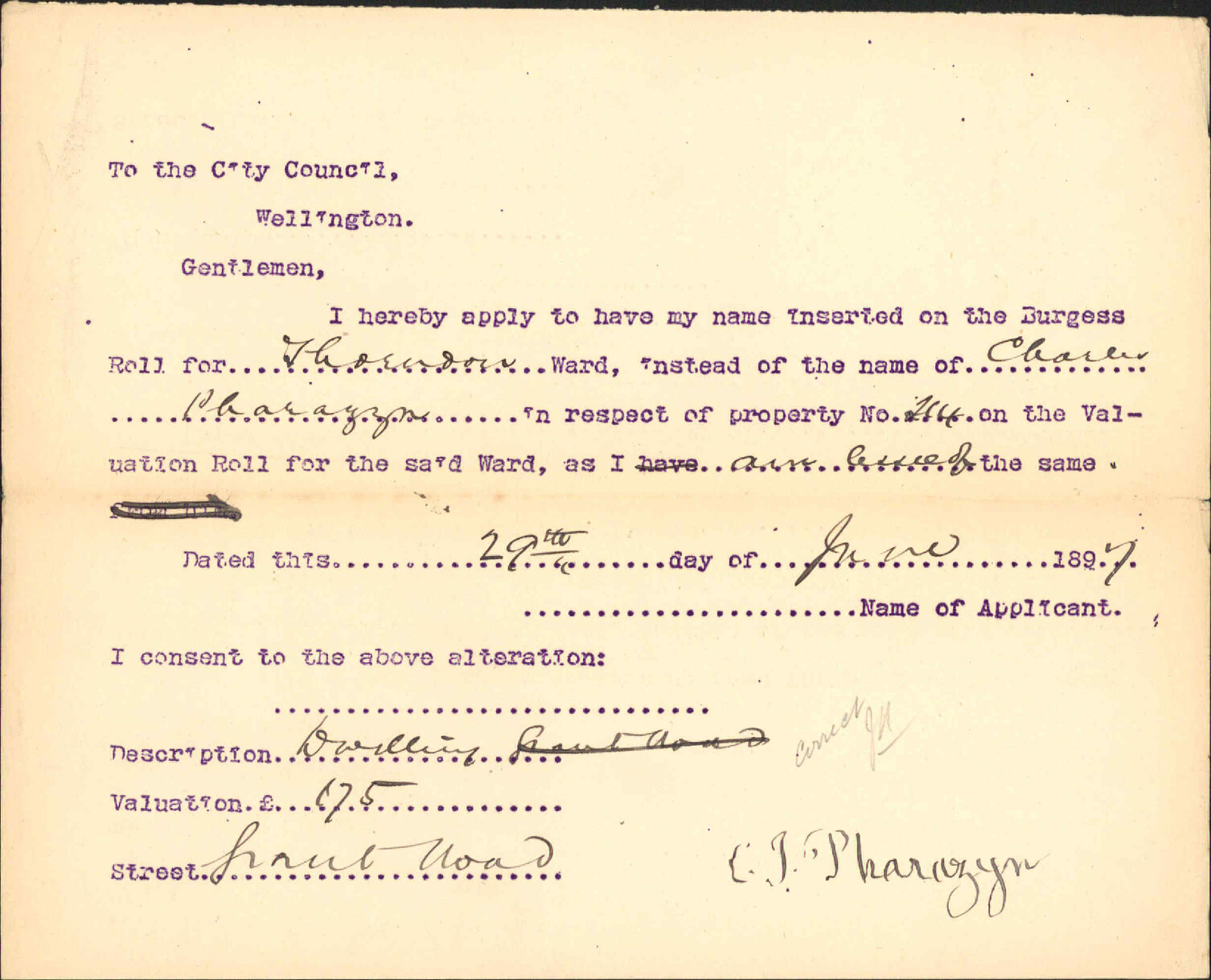 Asking to be placed on the Burgess Roll - C J Pharazyn