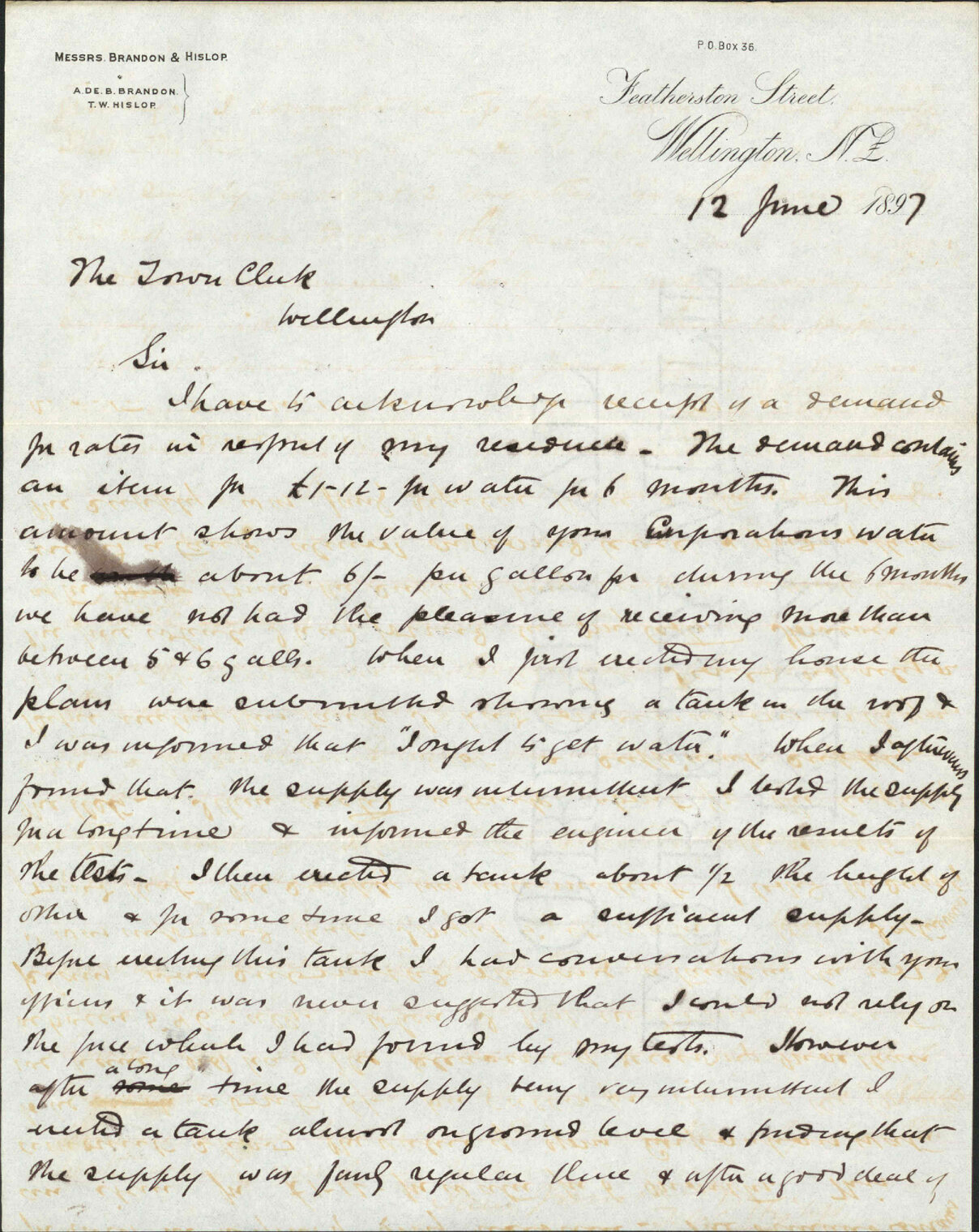 Water supply to his house - T W Hislop