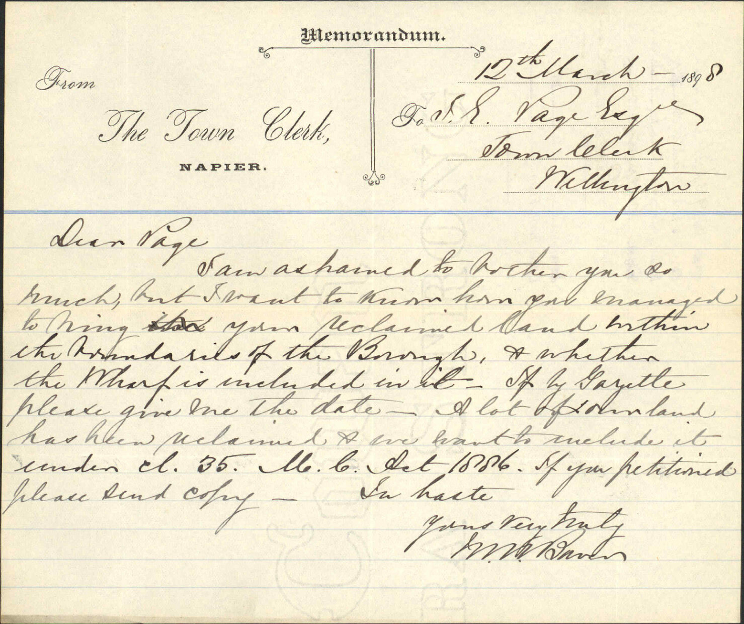 Enquiry regarding reclaimed land - Town Clerk, Napier