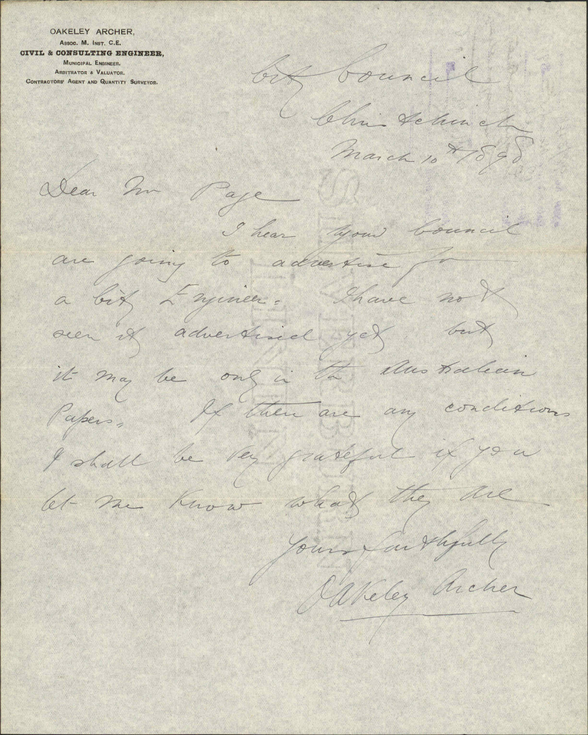 Enquiry regarding City Surveyorship - O Archer