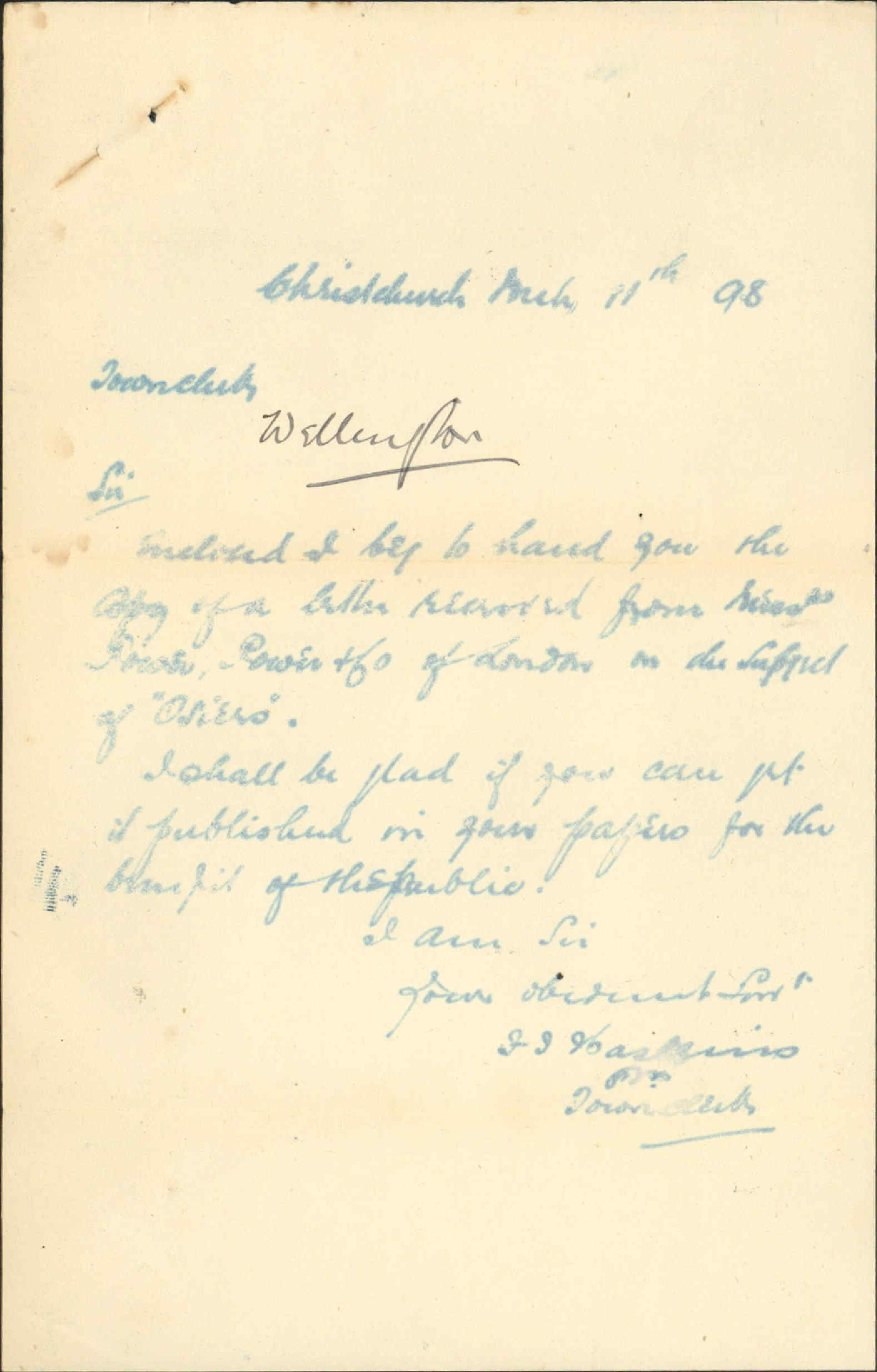 Copy of circular regarding Osier Rods - Town Clerk, Christchurch
