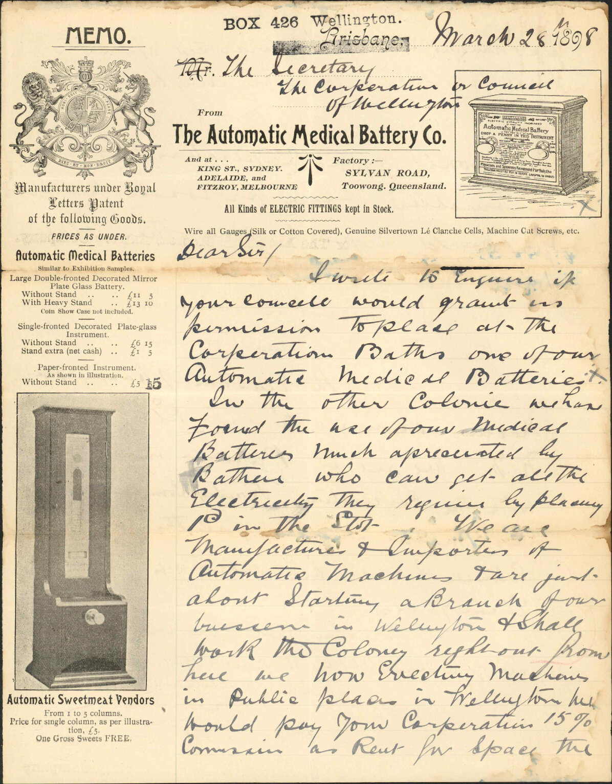 Asking leave to exhibit at Thorndon Baths - Automatic Medical Battery