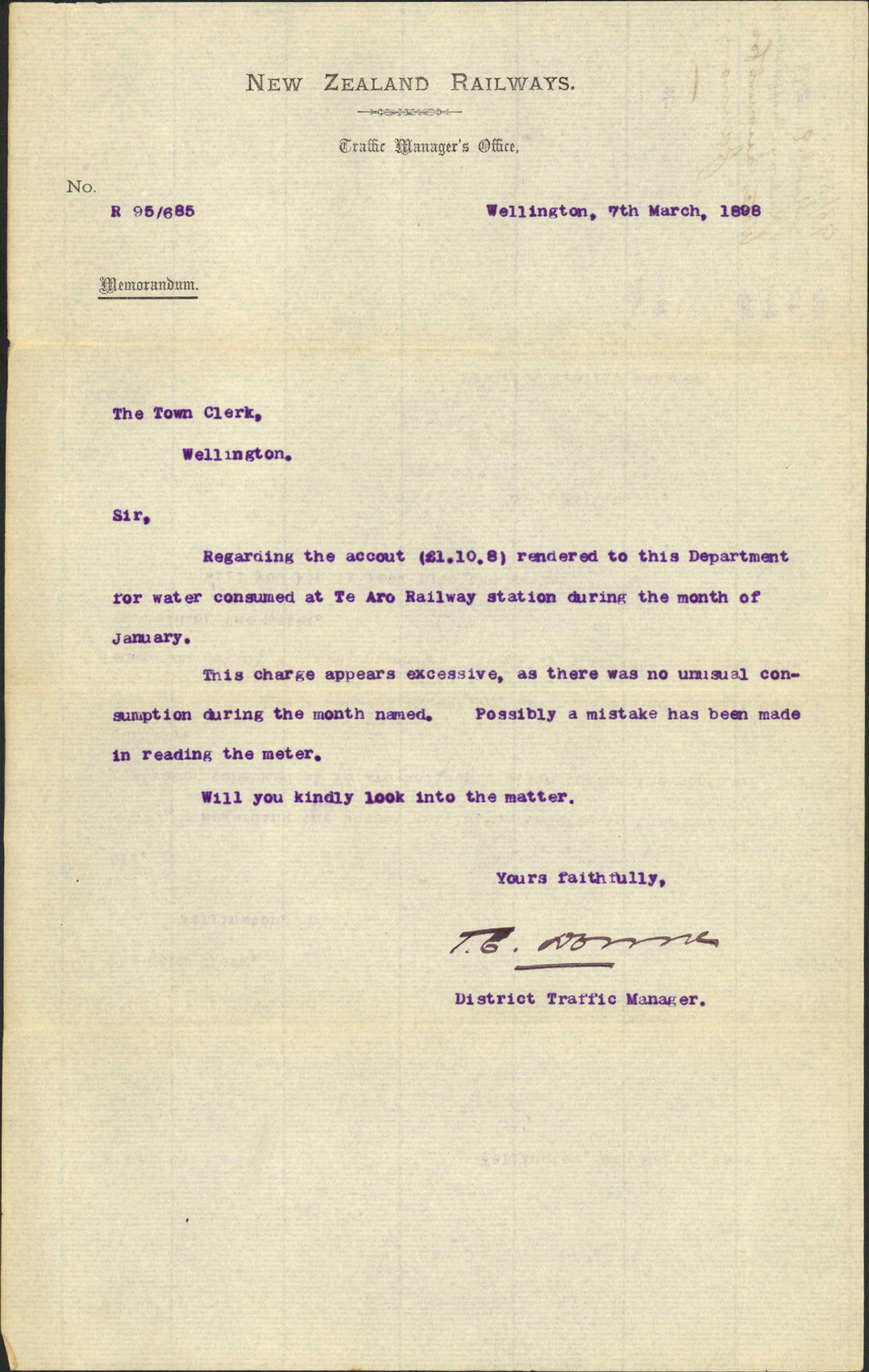 Water for Te Aro Station - New Zealand Railways, Traffic Manager