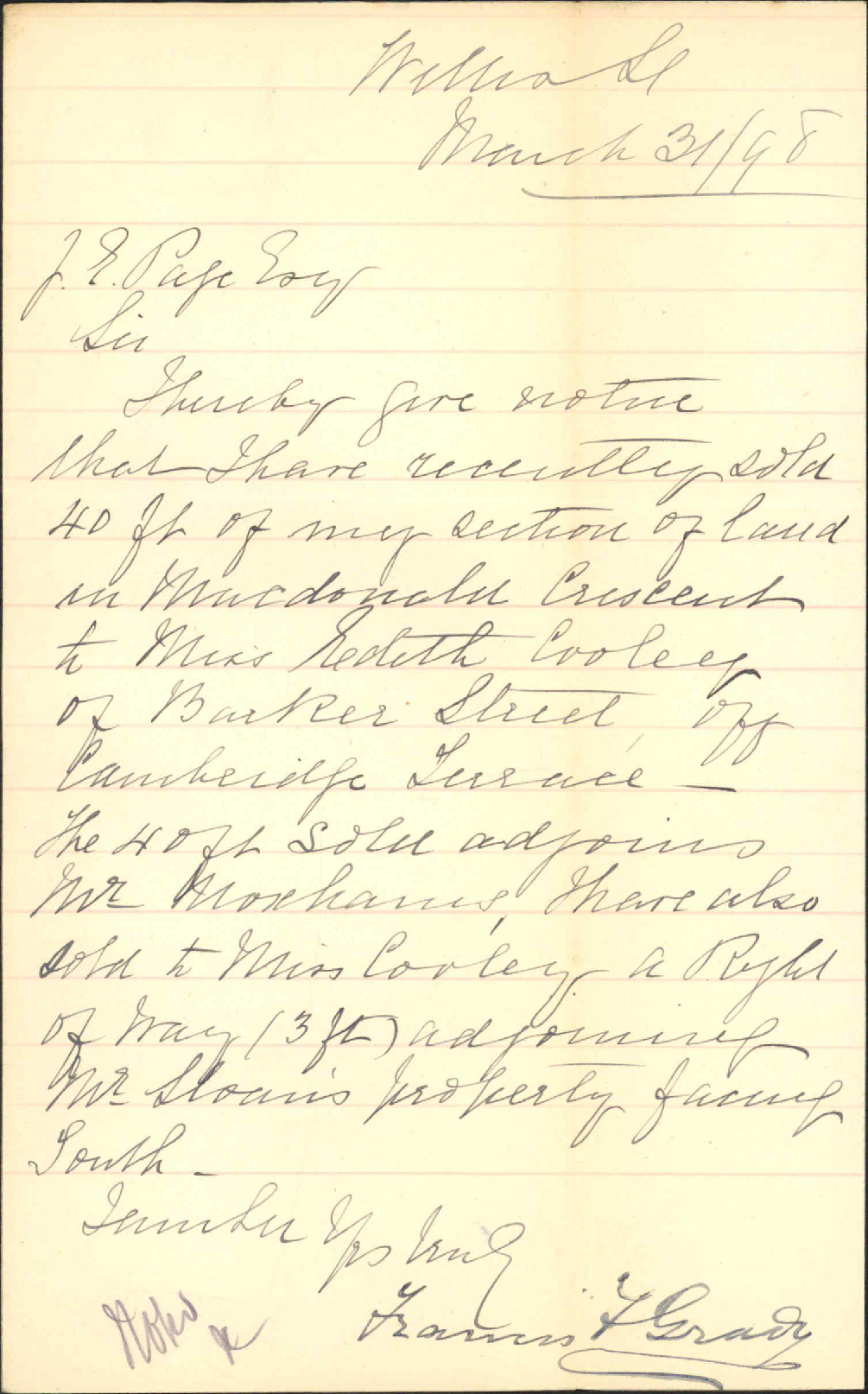 Notice of sale of property - F F Grady
