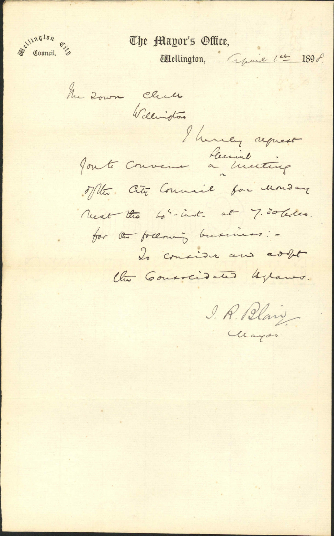 Requisition for special meeting - the Mayor