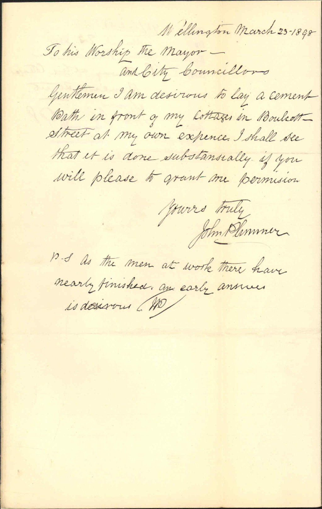 Further regarding pavement at his cottage, Boulcott Street - John Plimmer
