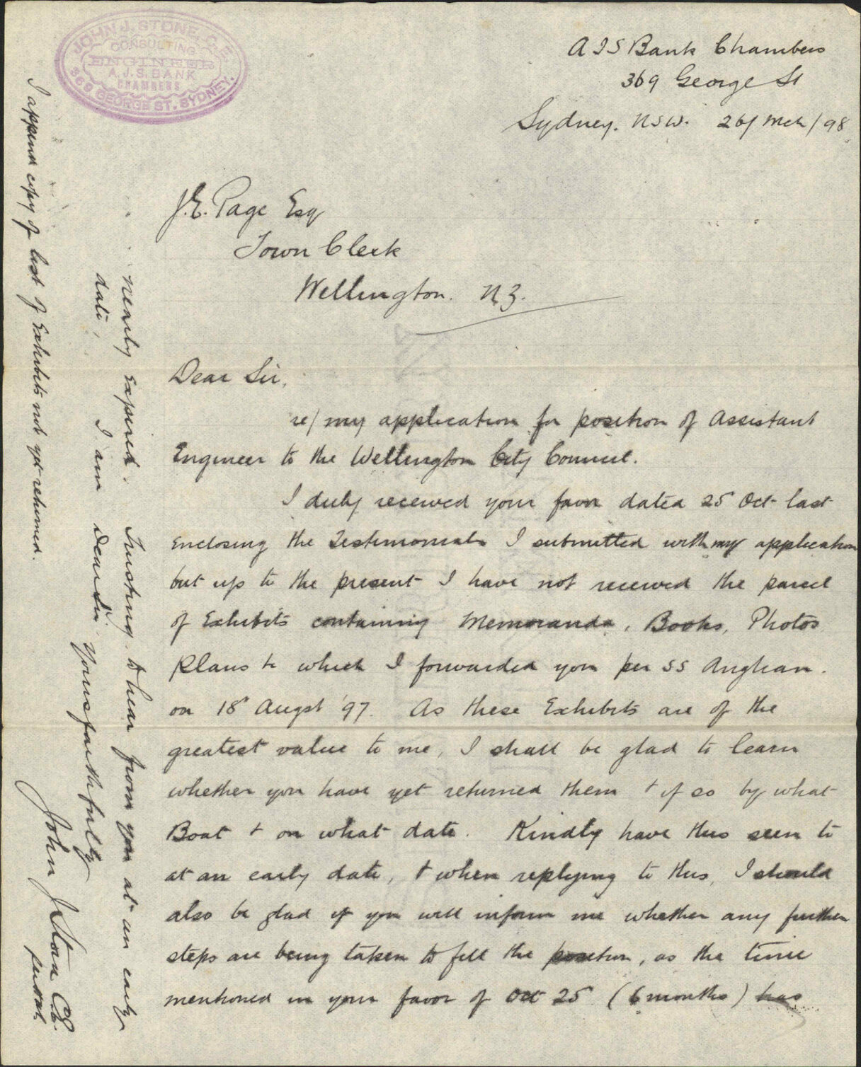 His application for post of Assistant Surveyor - J J Stone