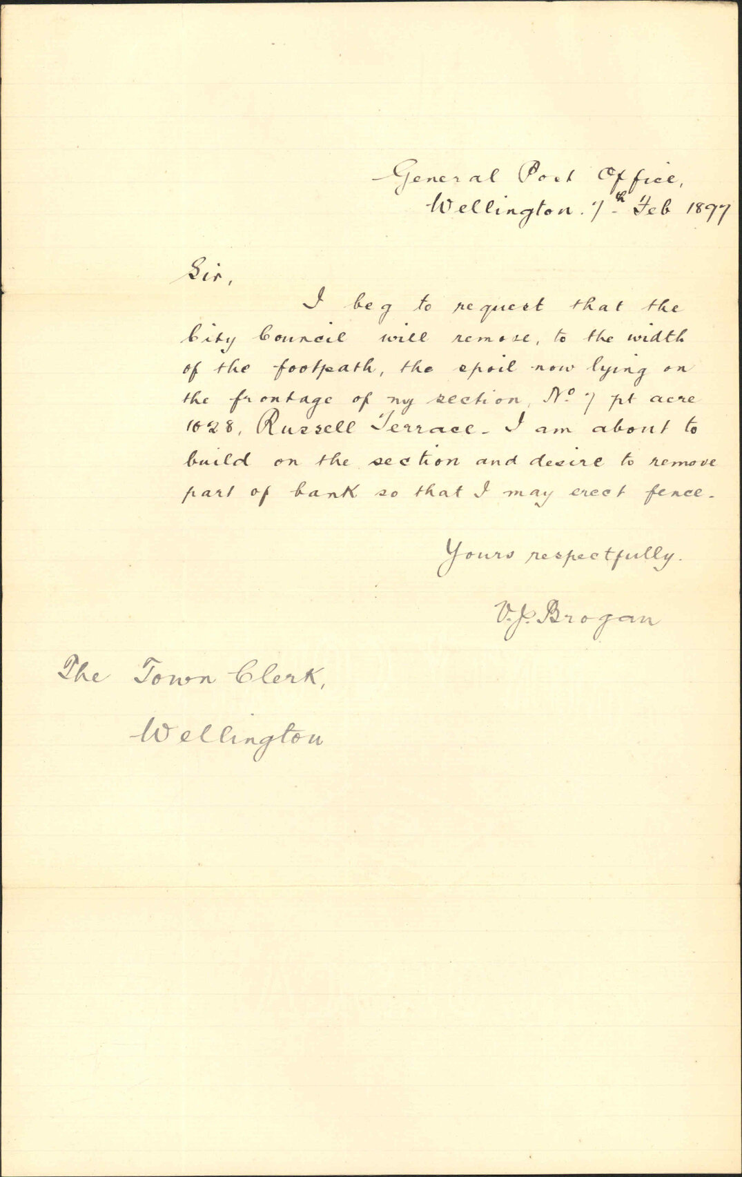Removal of soil from his property - V J Brogan
