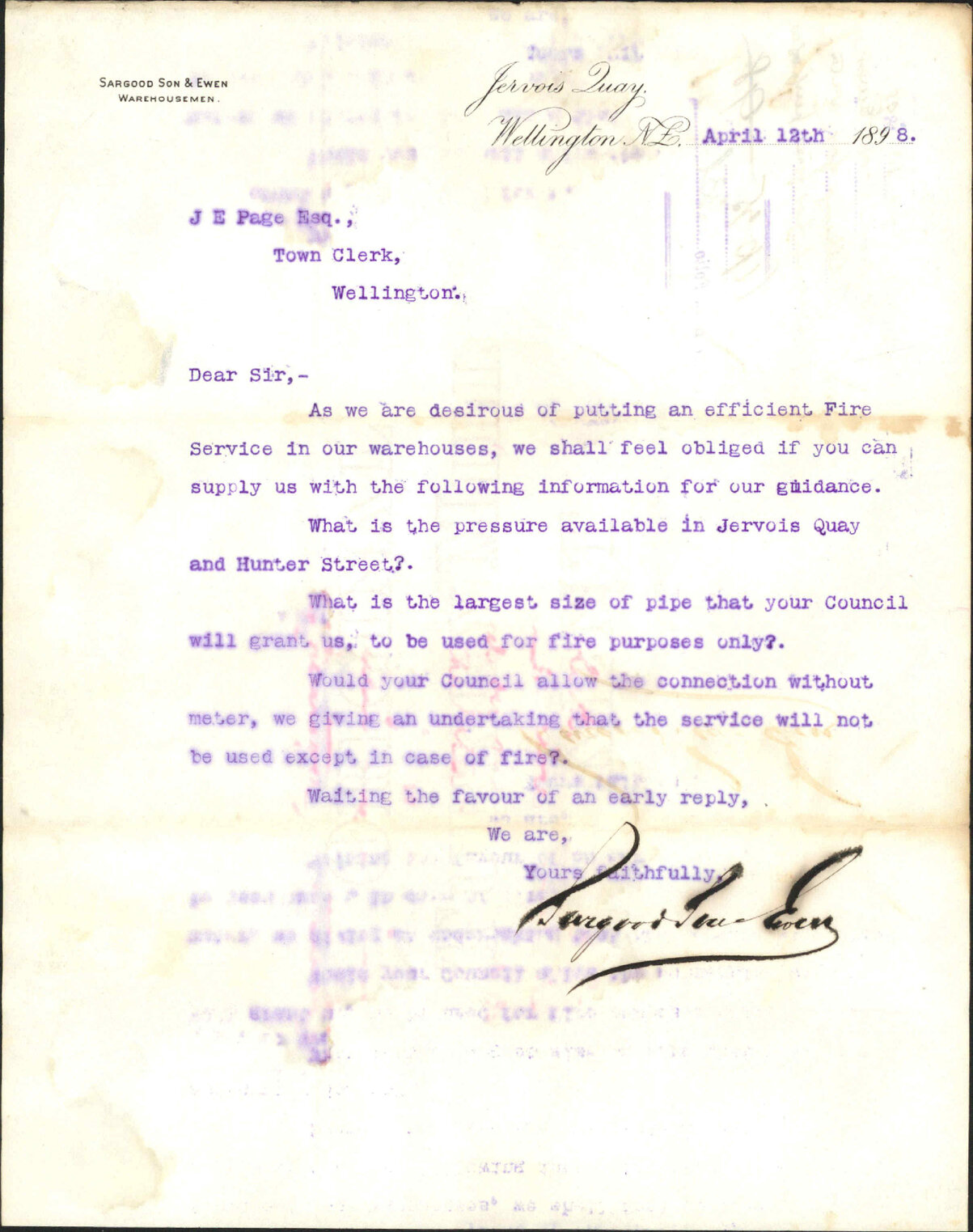 Asking for water service for fire purposes - Sargood, Son &amp; Ewen