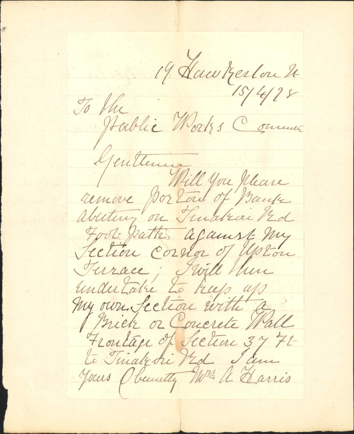 Asking removal of earth at her premises - Mrs A Harris