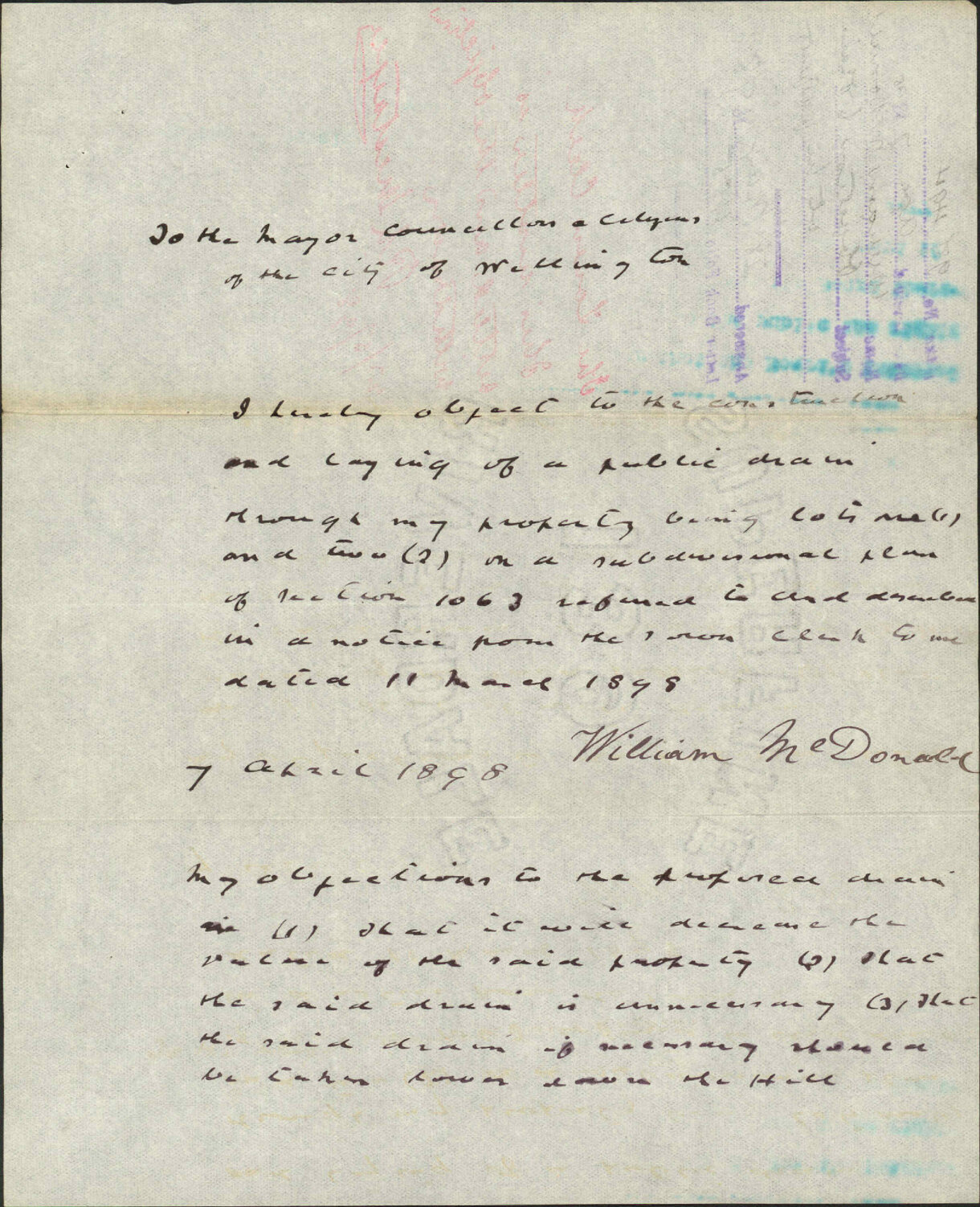 Objection to drain at his property - William McDonald