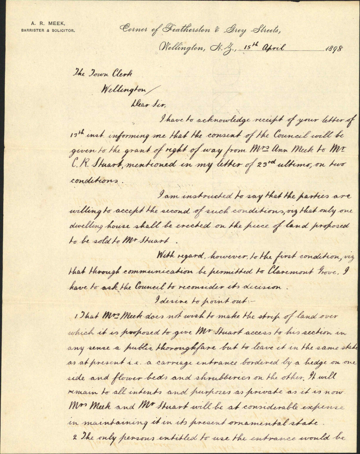 Further regarding right-of-way at Brougham Street - A R Meek