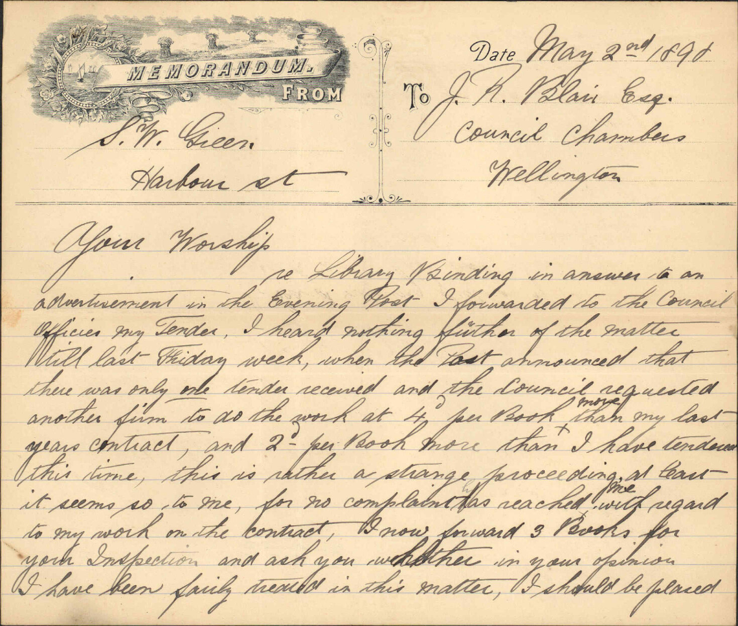 His tender for book binding - S W Green